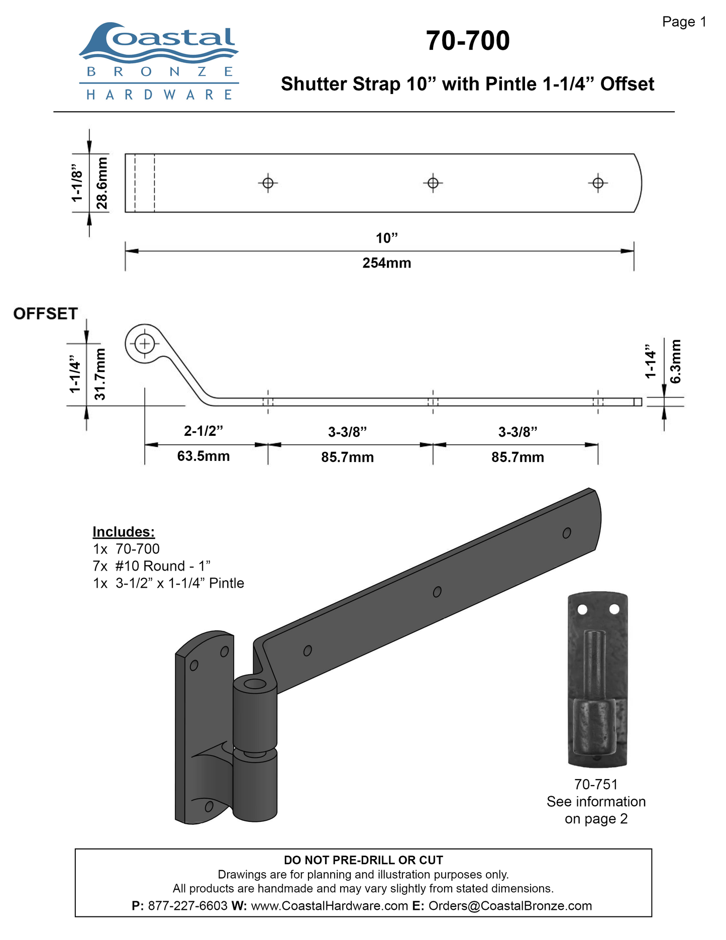 Textured Bronze 10" Shutter Strap with Pintle - 1-1/4" Offset