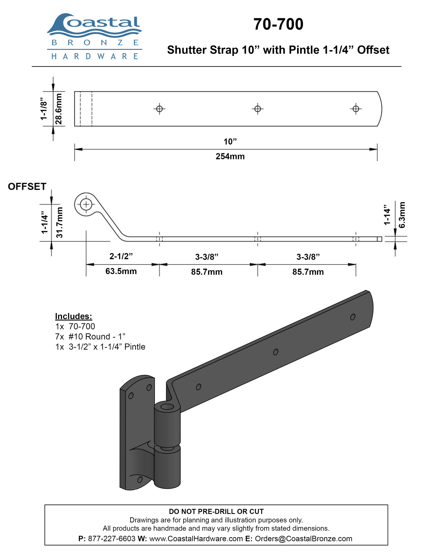 Textured Bronze 10" Shutter Strap with Pintle - 1-1/4" Offset