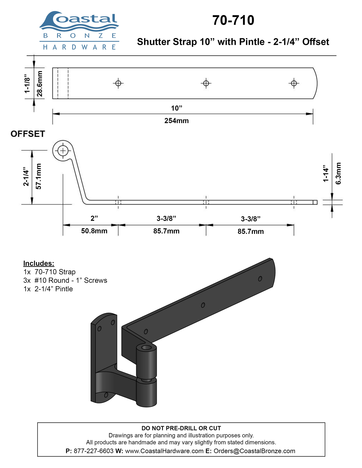 Textured Bronze 10" Shutter Strap - with Pintle 2-1/4" Offset