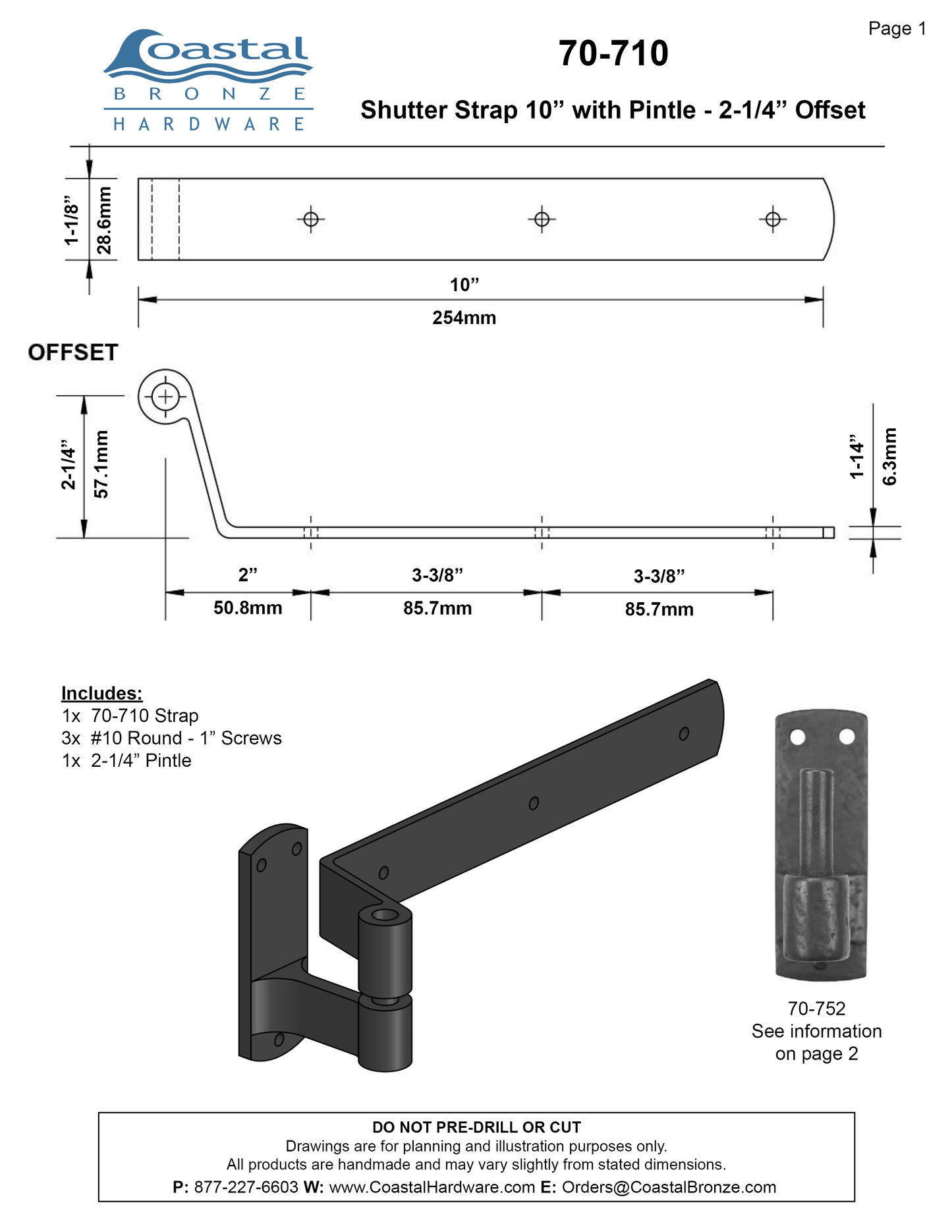 Textured Bronze 10" Shutter Strap - with Pintle 2-1/4" Offset