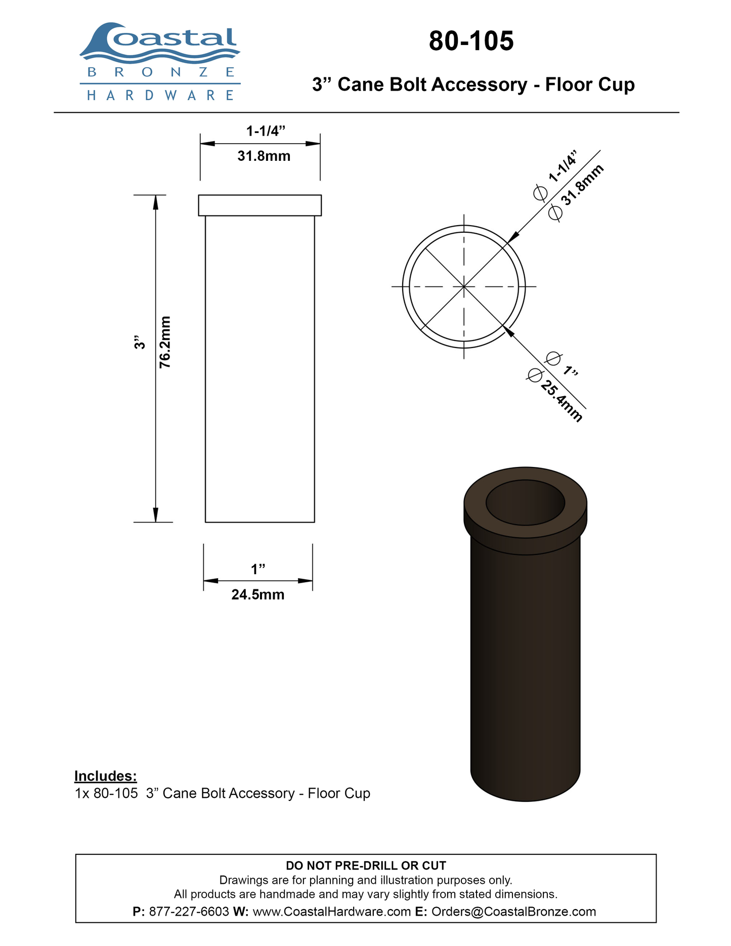Textured Bronze Cane Bolt Accessory - Floor Cup - 3"