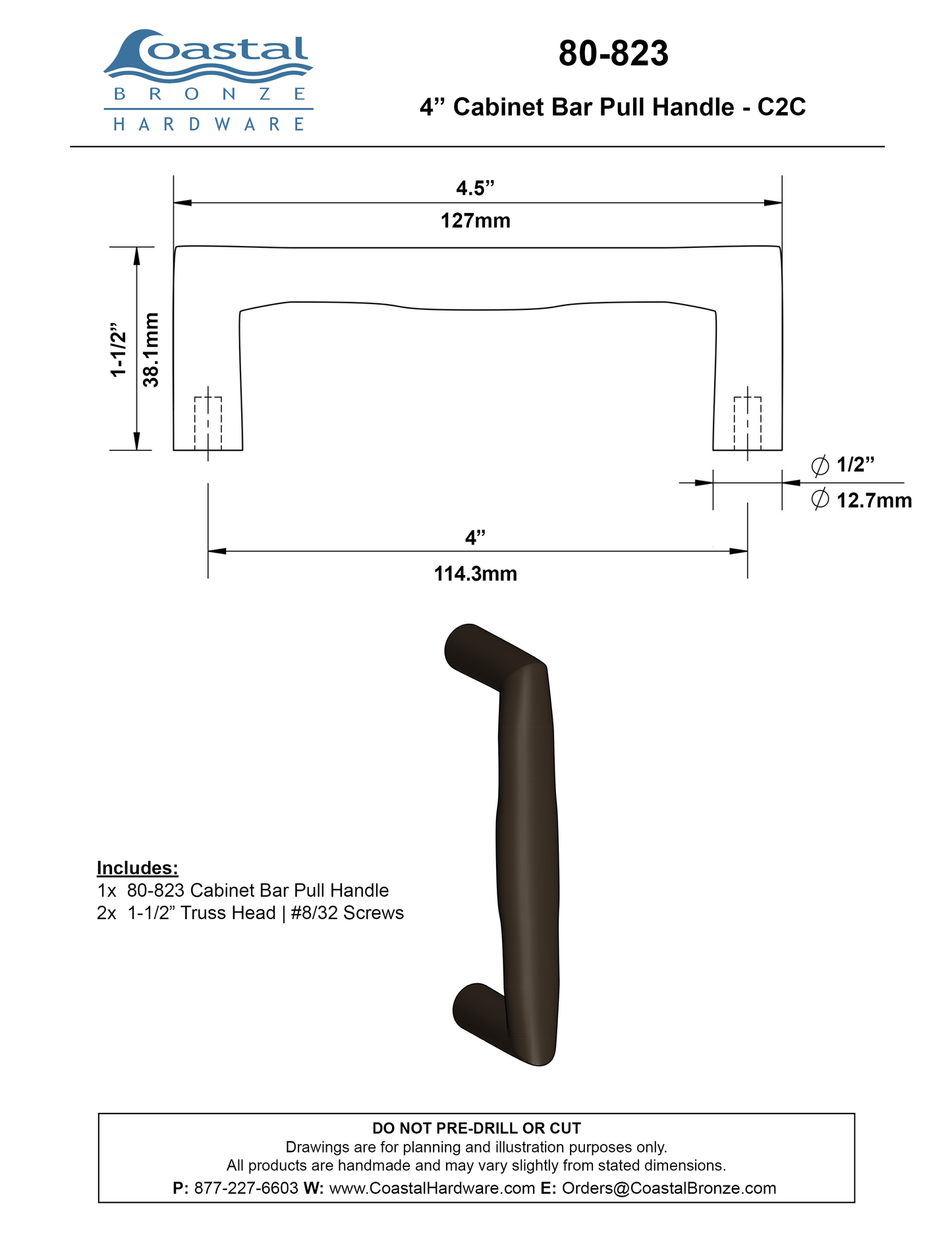 Textured Bronze Cabinet Bar Pull Handle - 4" C2C