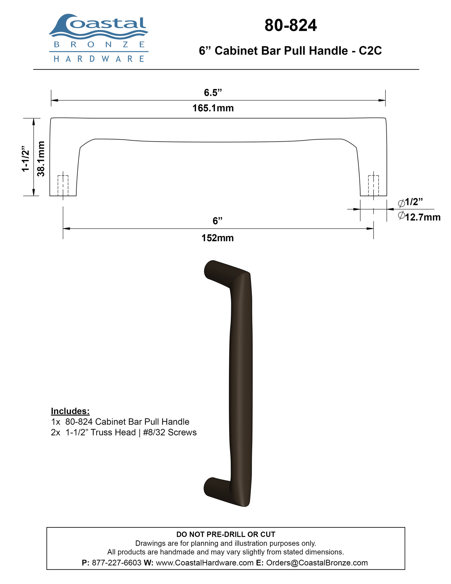 Textured Bronze Cabinet Bar Pull Handle - 6" C2C