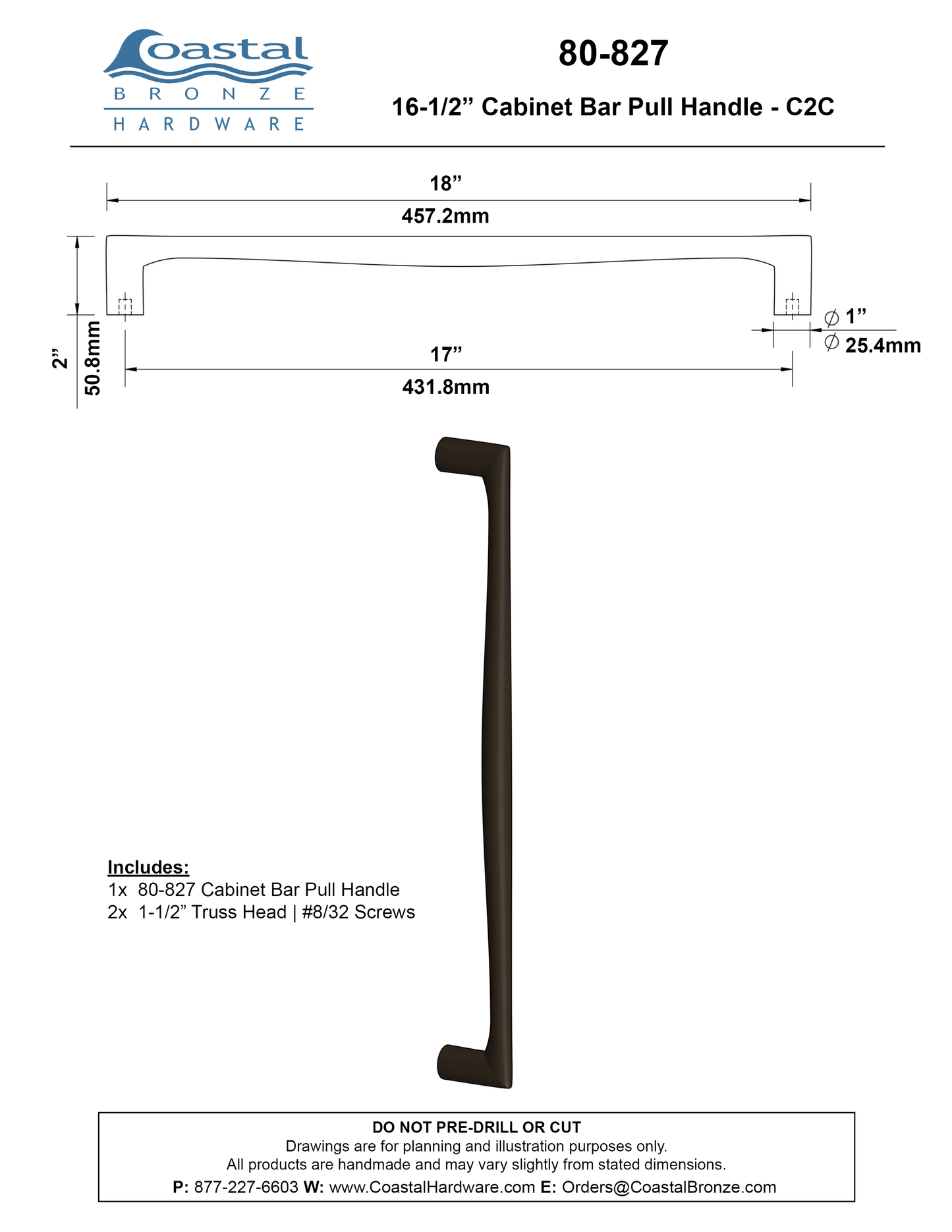 Textured Bronze Cabinet Bar Pull Handle - 16-1/2" C2C