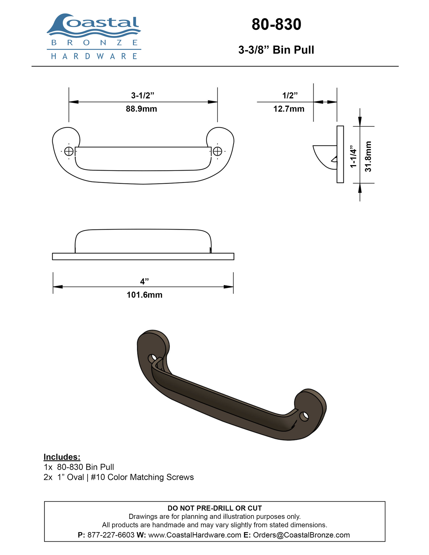Textured Bronze Bin Pull - 3-3/8" C2C