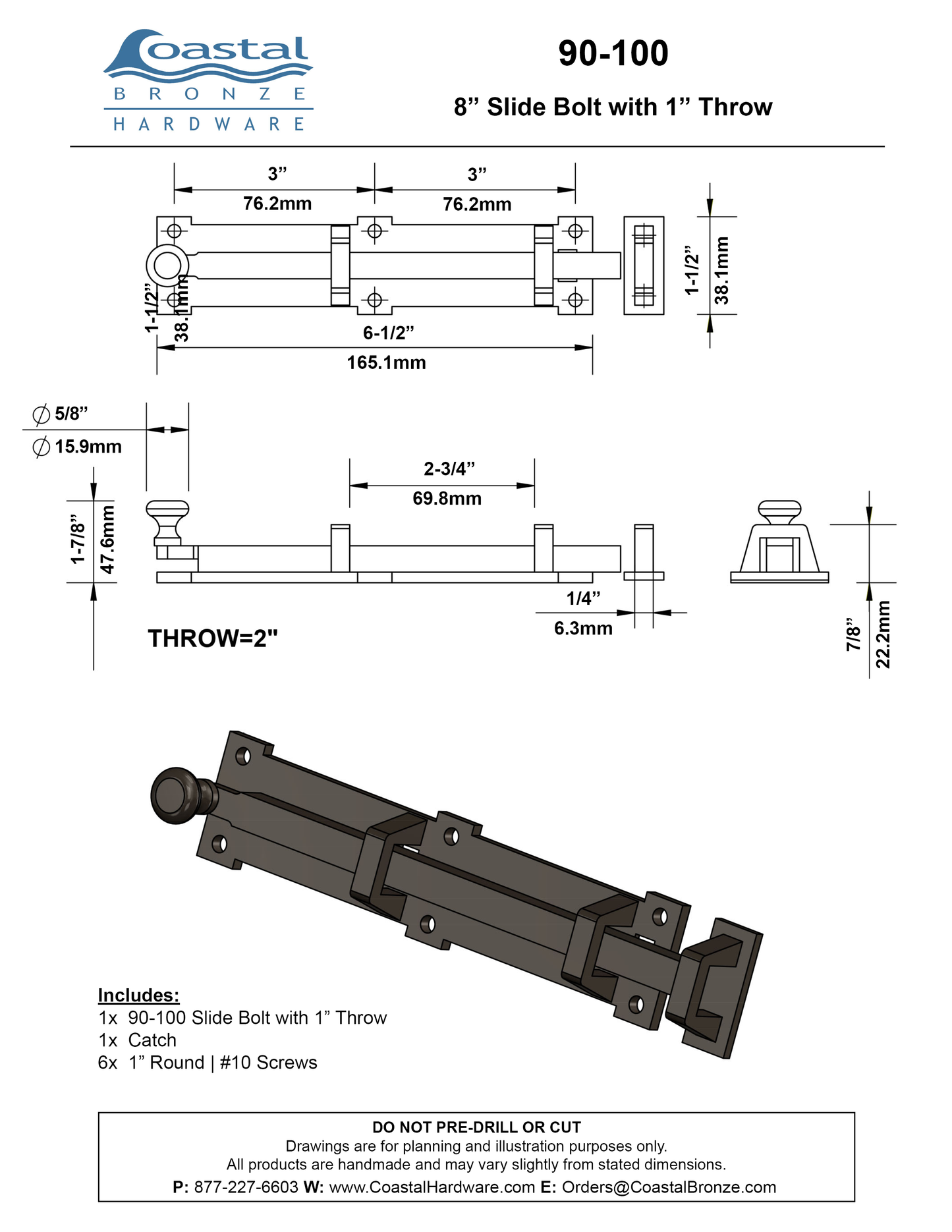 Textured Bronze Slide Bolt - 8" L - 1" Throw