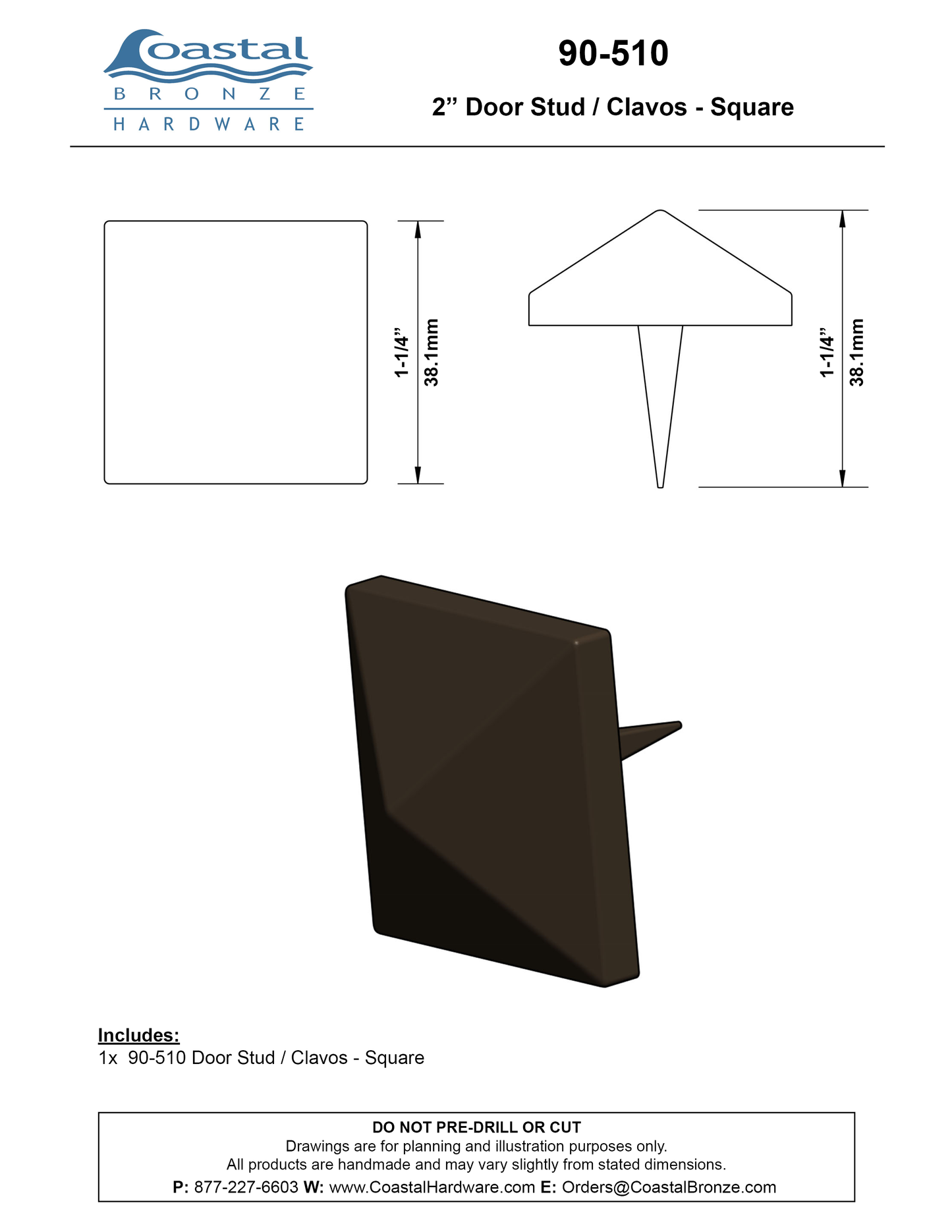 Textured Bronze Door Stud / Clavos - 1-1/4" - Square