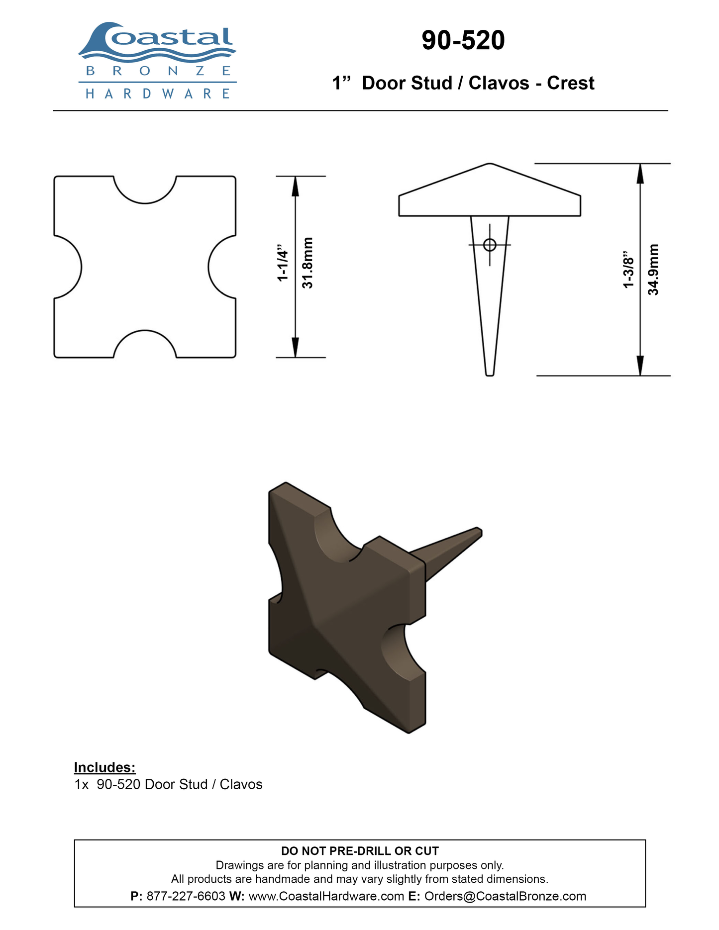 Textured Bronze Door Stud / Clavos - 1" - Crest