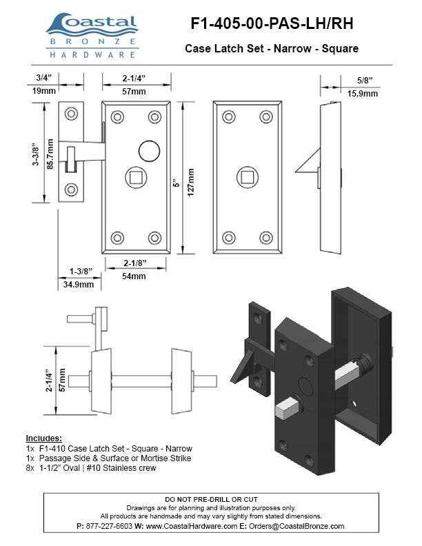 Bronze Case Latch Set - Narrow - Square