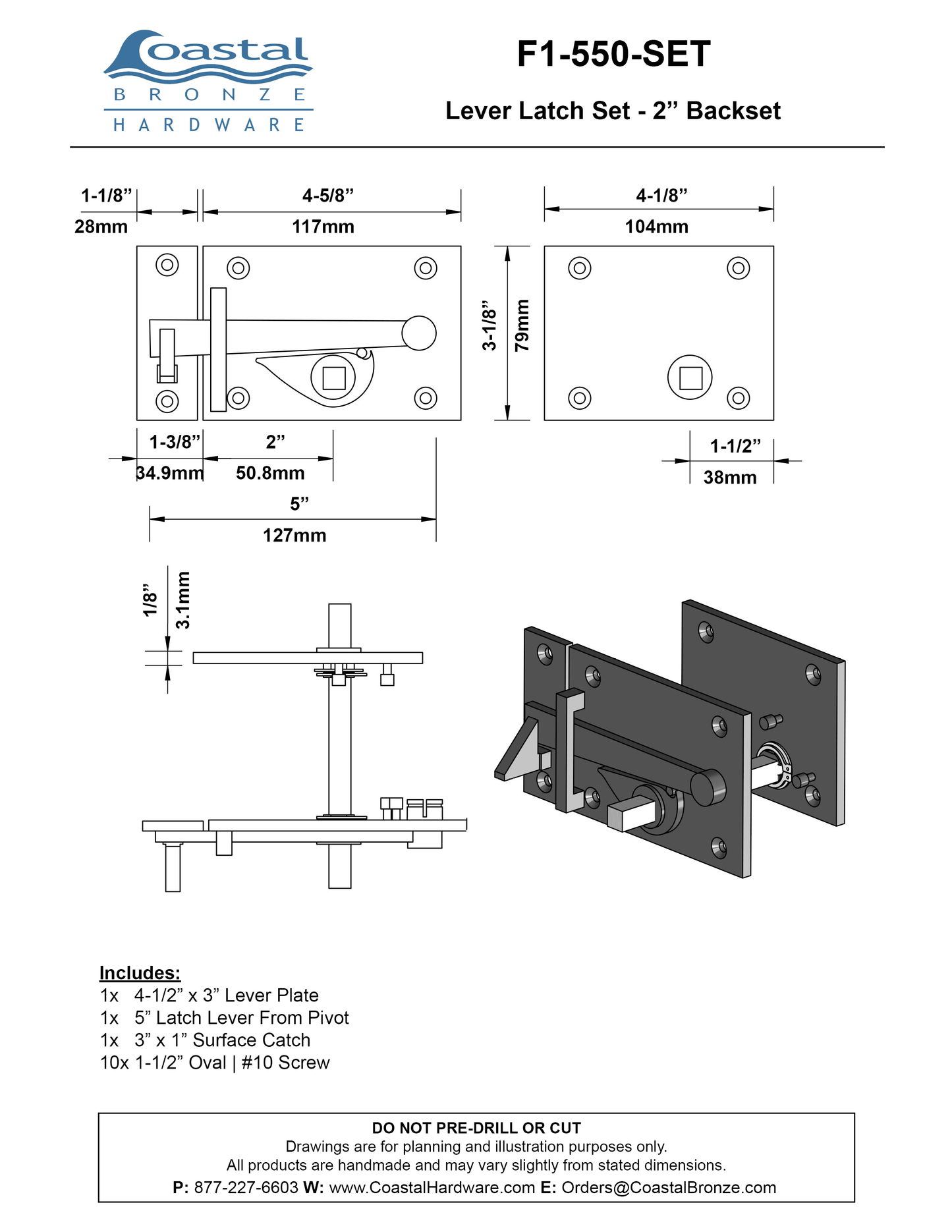 Bronze Lever Latch Set - 2" Backset