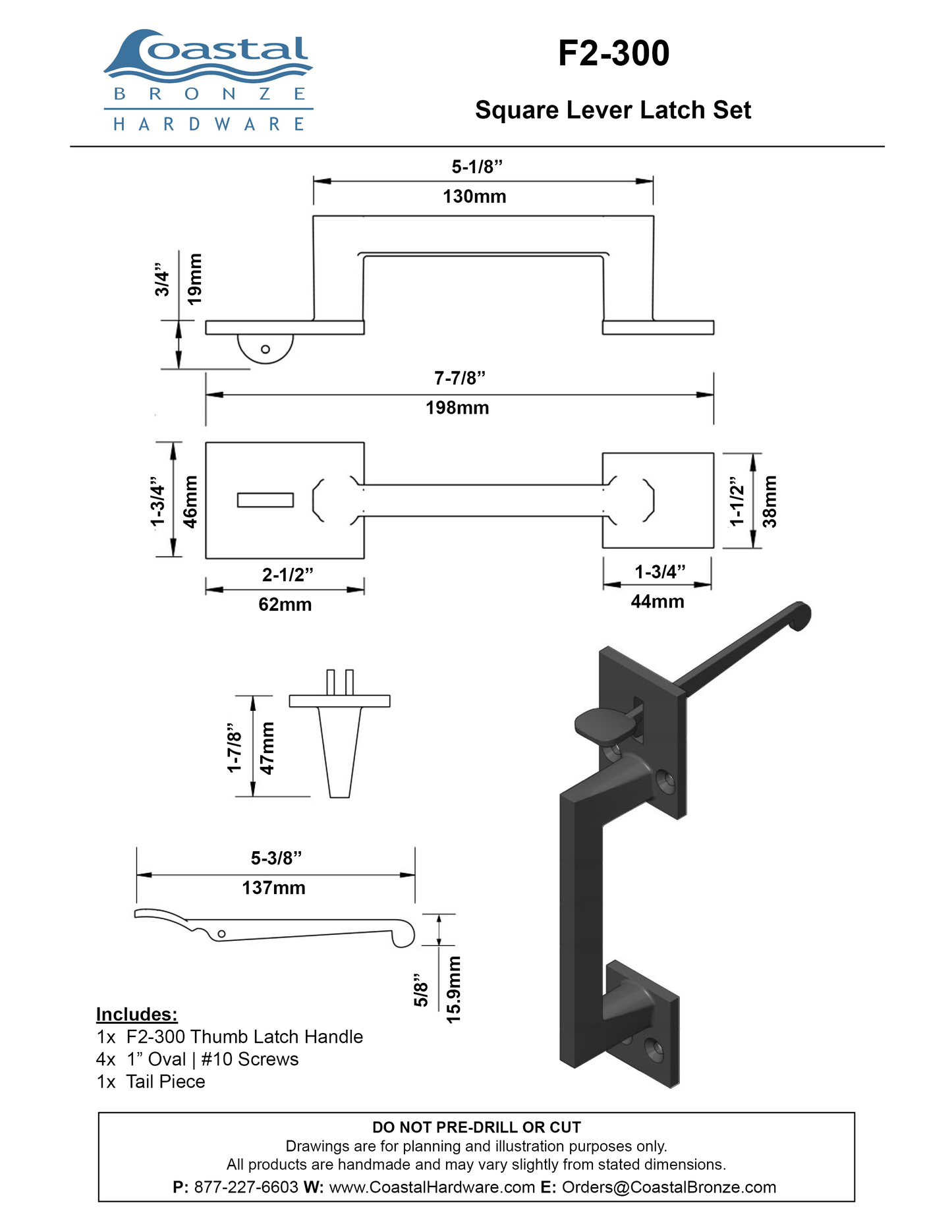 Bronze 8" Square Thumb Latch