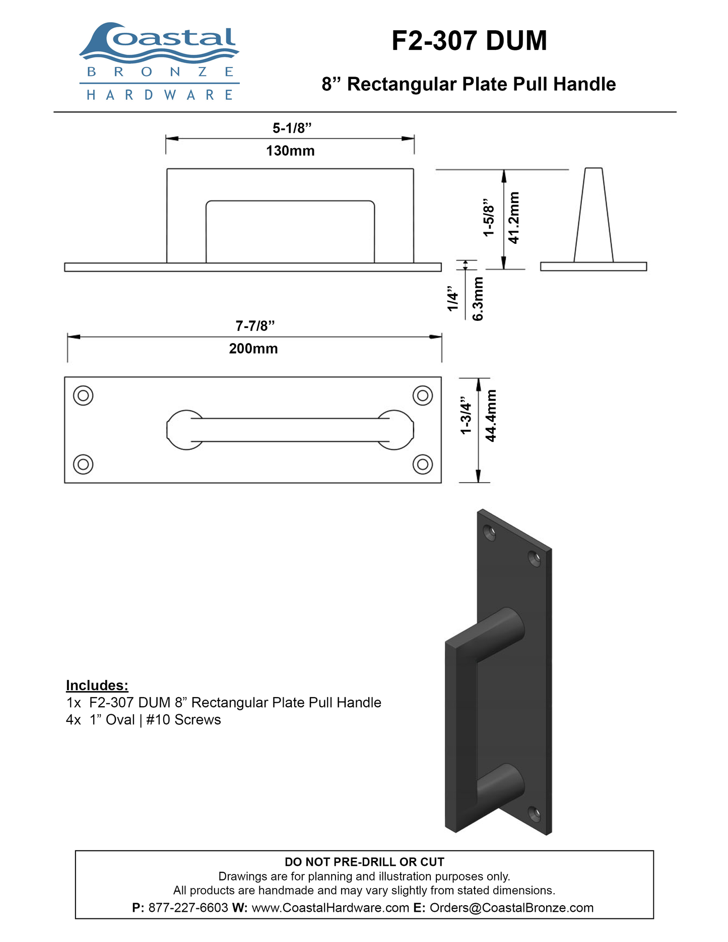 Bronze 8" Rectangular Plate Pull Handle