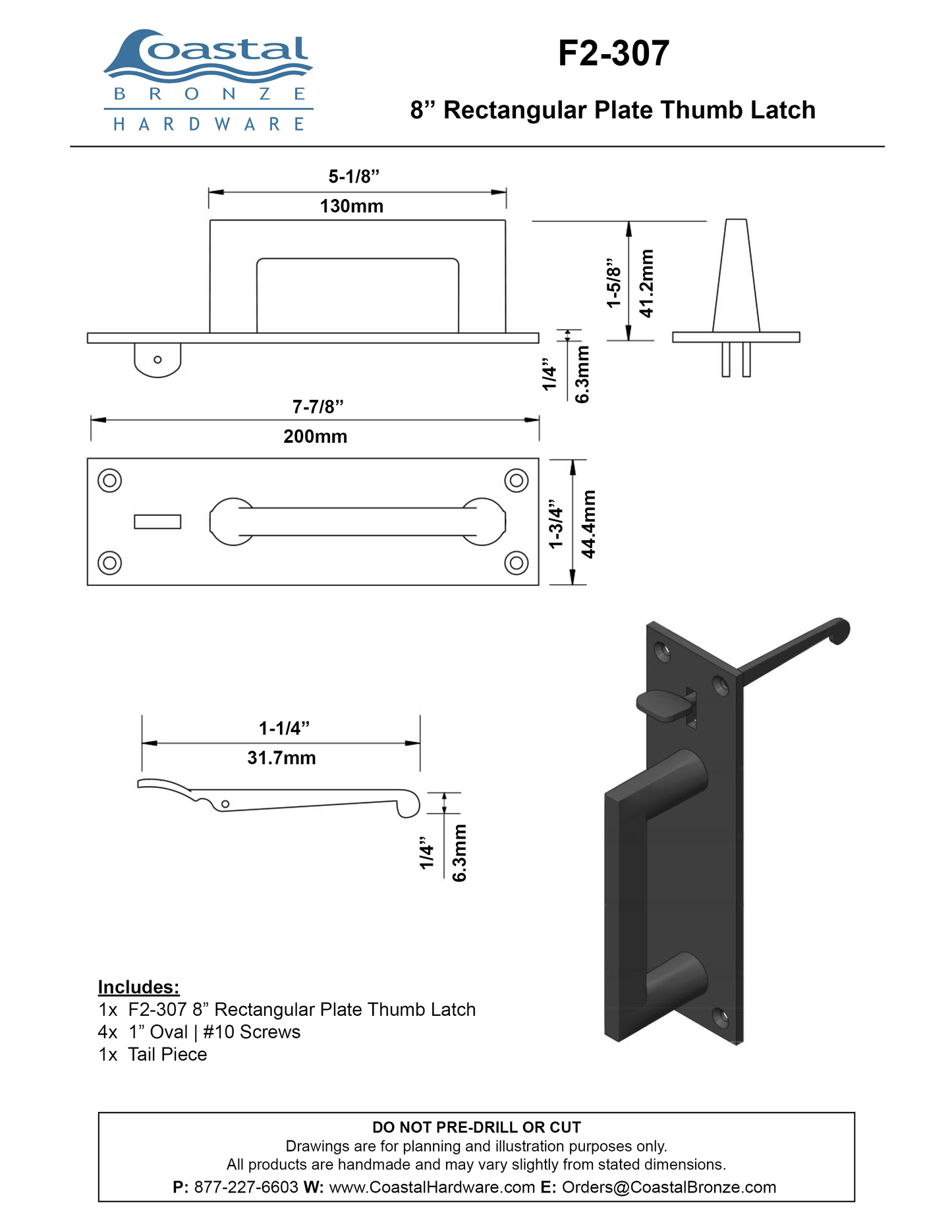 Bronze 8" Rectangular Plate Thumb Latch