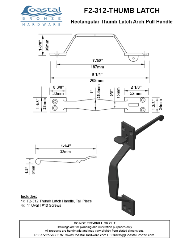 Bronze 8" Rectangular Thumb Latch