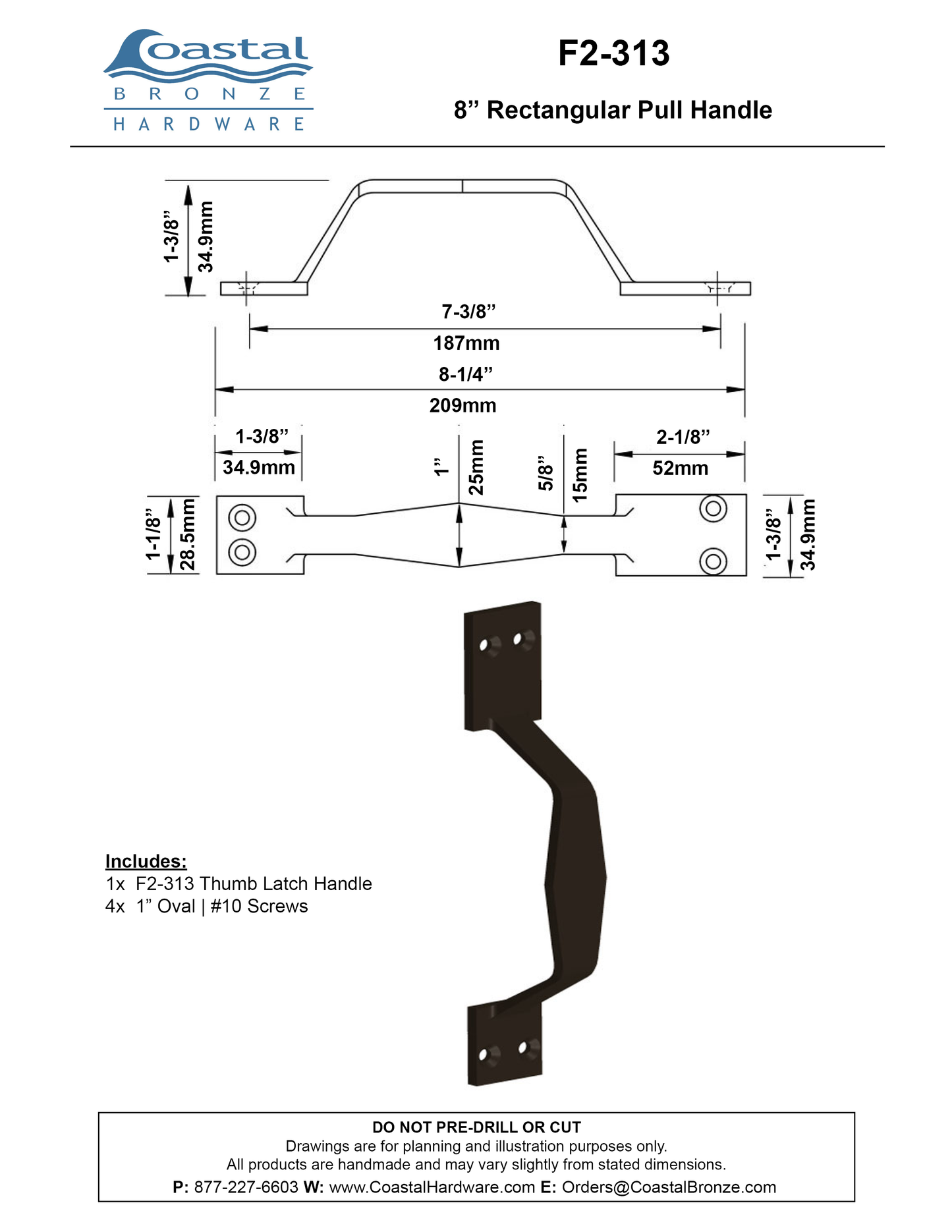 Bronze 8" Rectangular Pull Handle