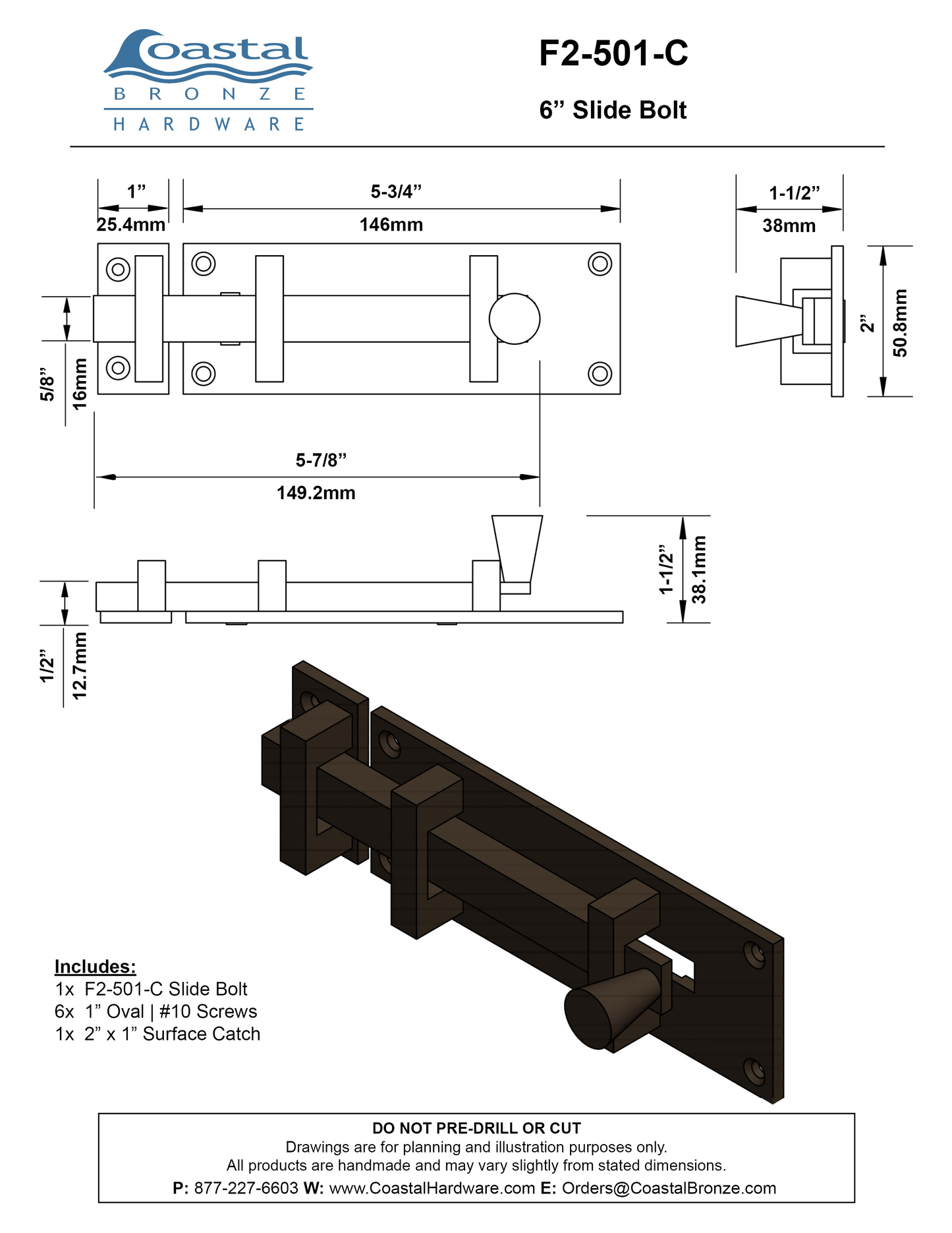 Bronze 6" Slide Bolt