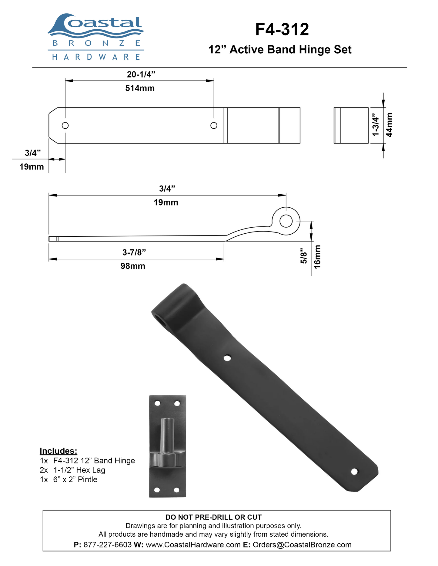 Bronze 12" Active Band Hinge Set