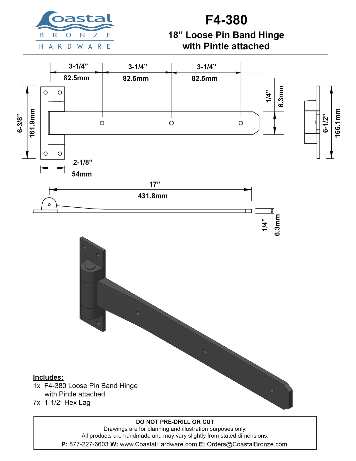 Bronze 18" Loose Pin Band Hinge