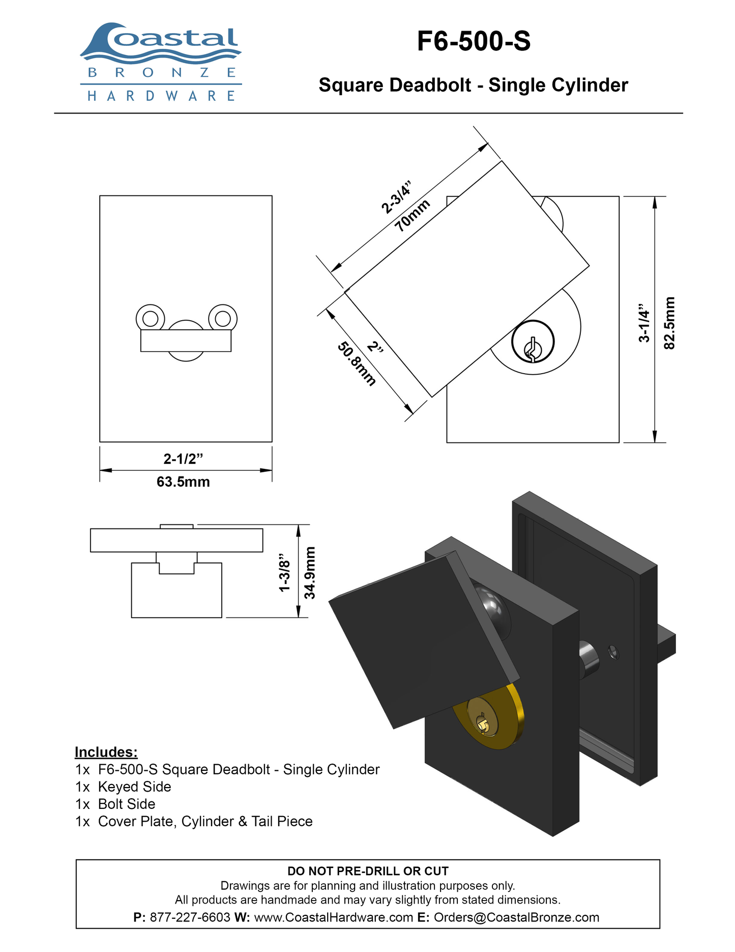 Bronze Square Deadbolt - Single Cylinder - With T-Turn