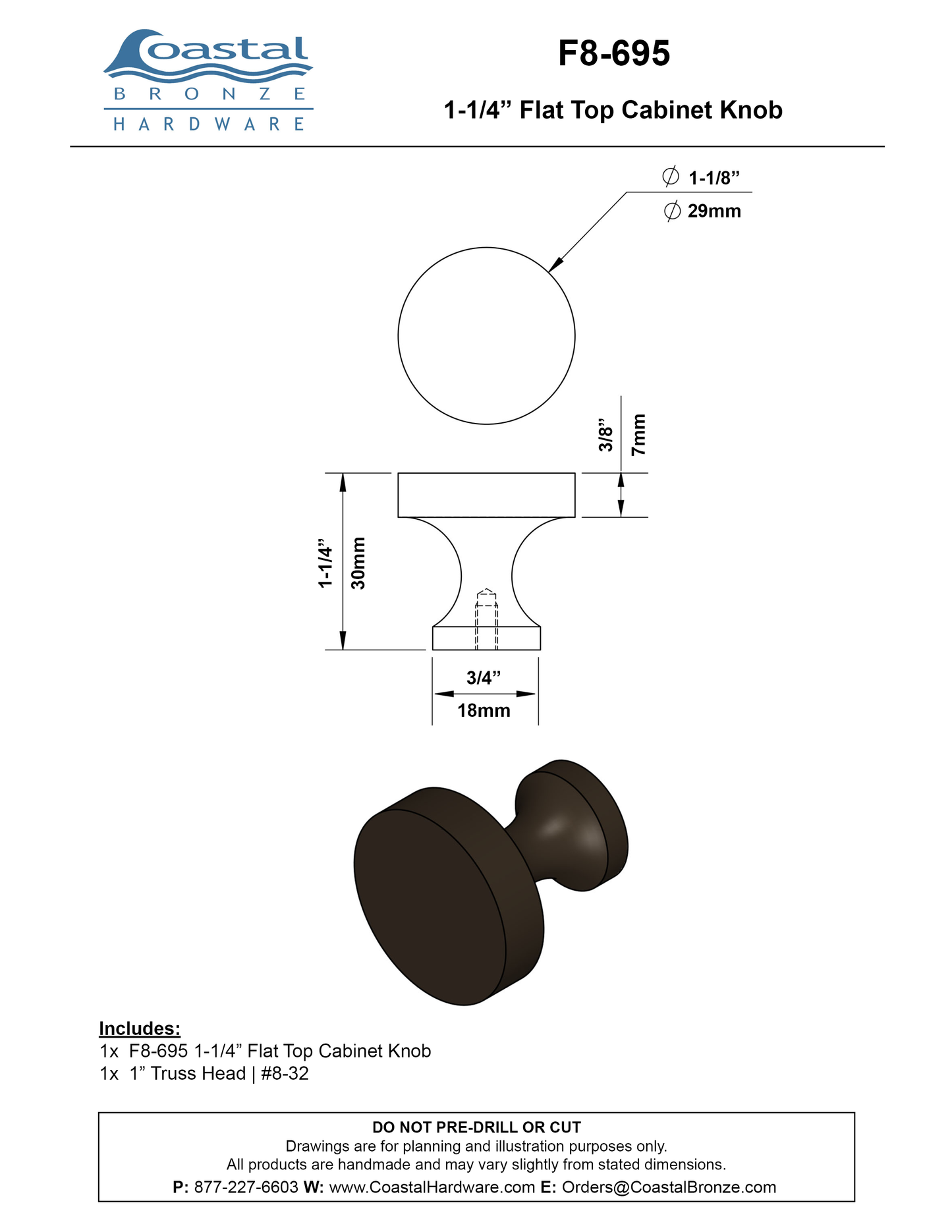 Bronze 1-1/4" Flat Top Cabinet Knob