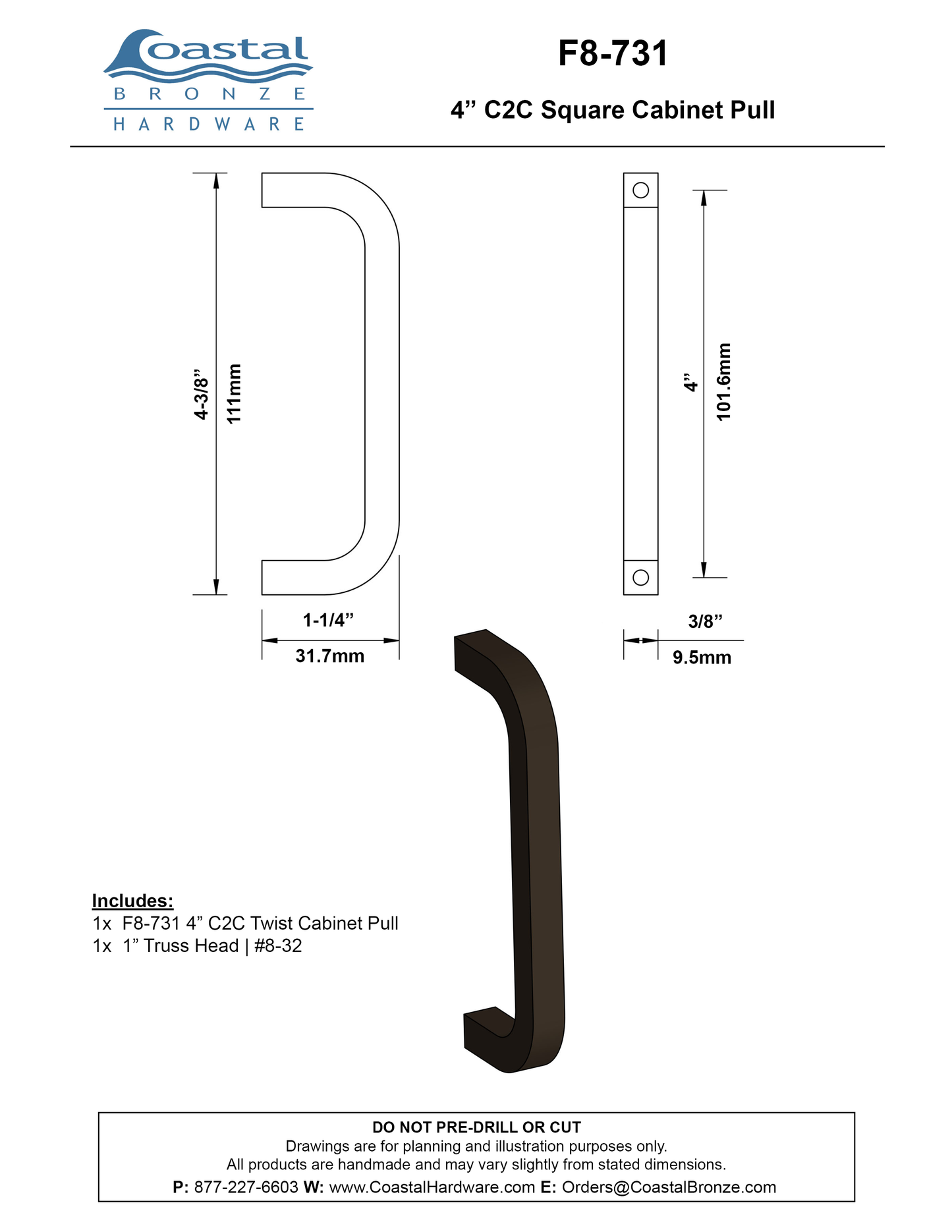 Bronze 4" C2C Square Cabinet Pull
