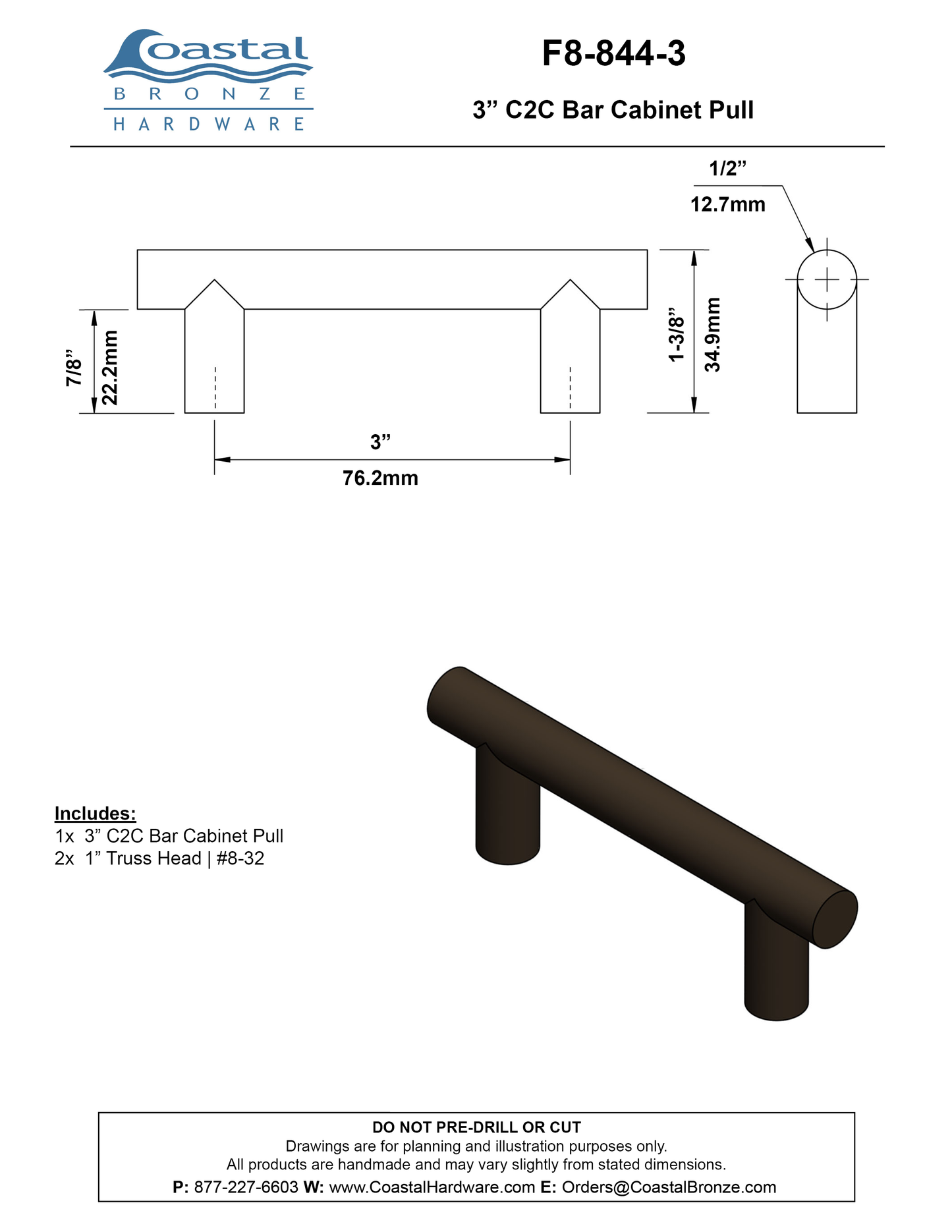 Bronze 3" C2C Bar Cabinet Pull