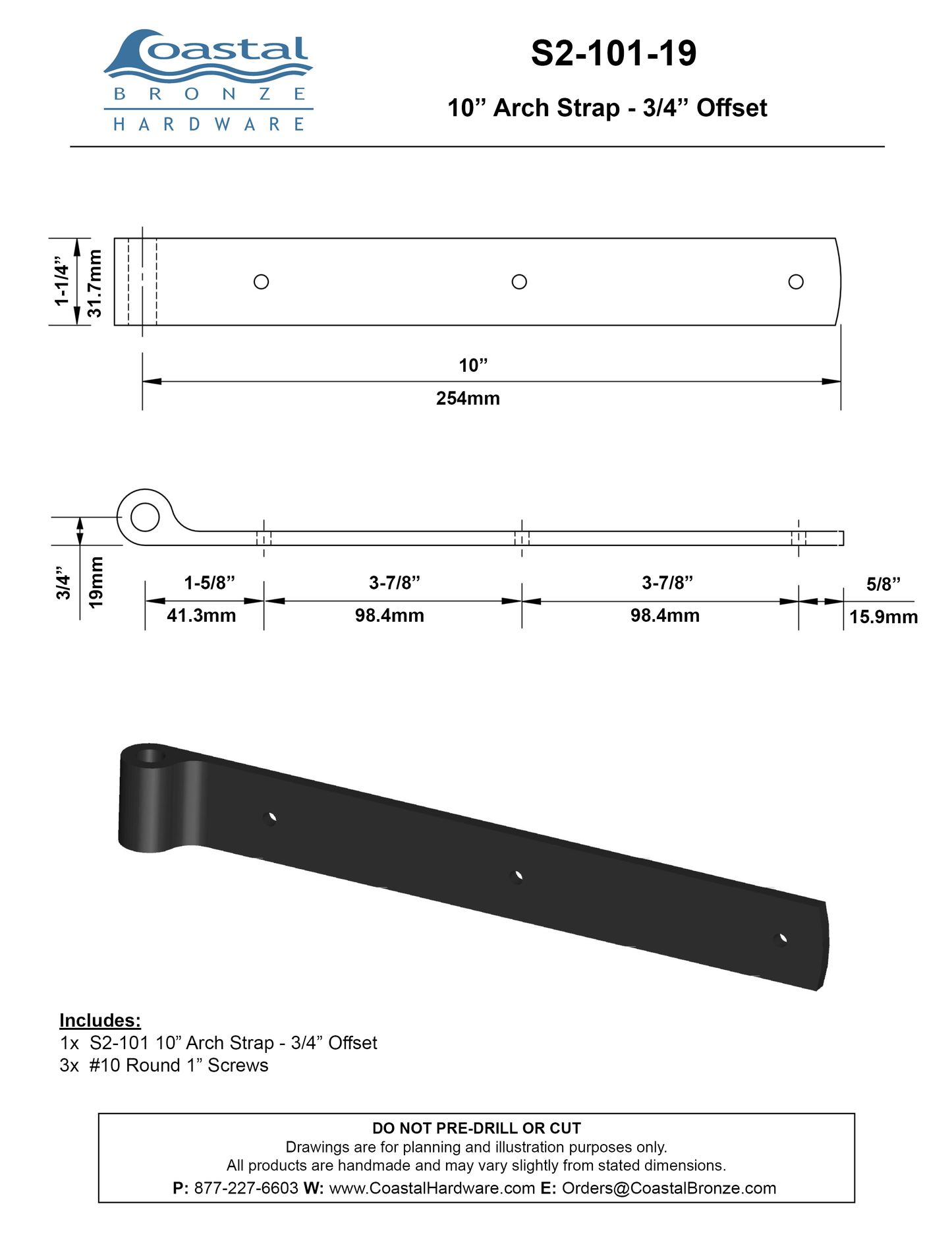 Brass 10" Arch Strap - 3/4" Offset