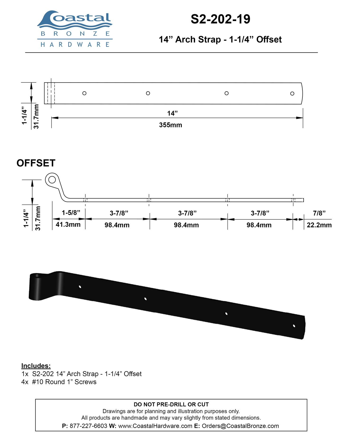 Brass 14" Arch Strap - 1-1/4" Offset
