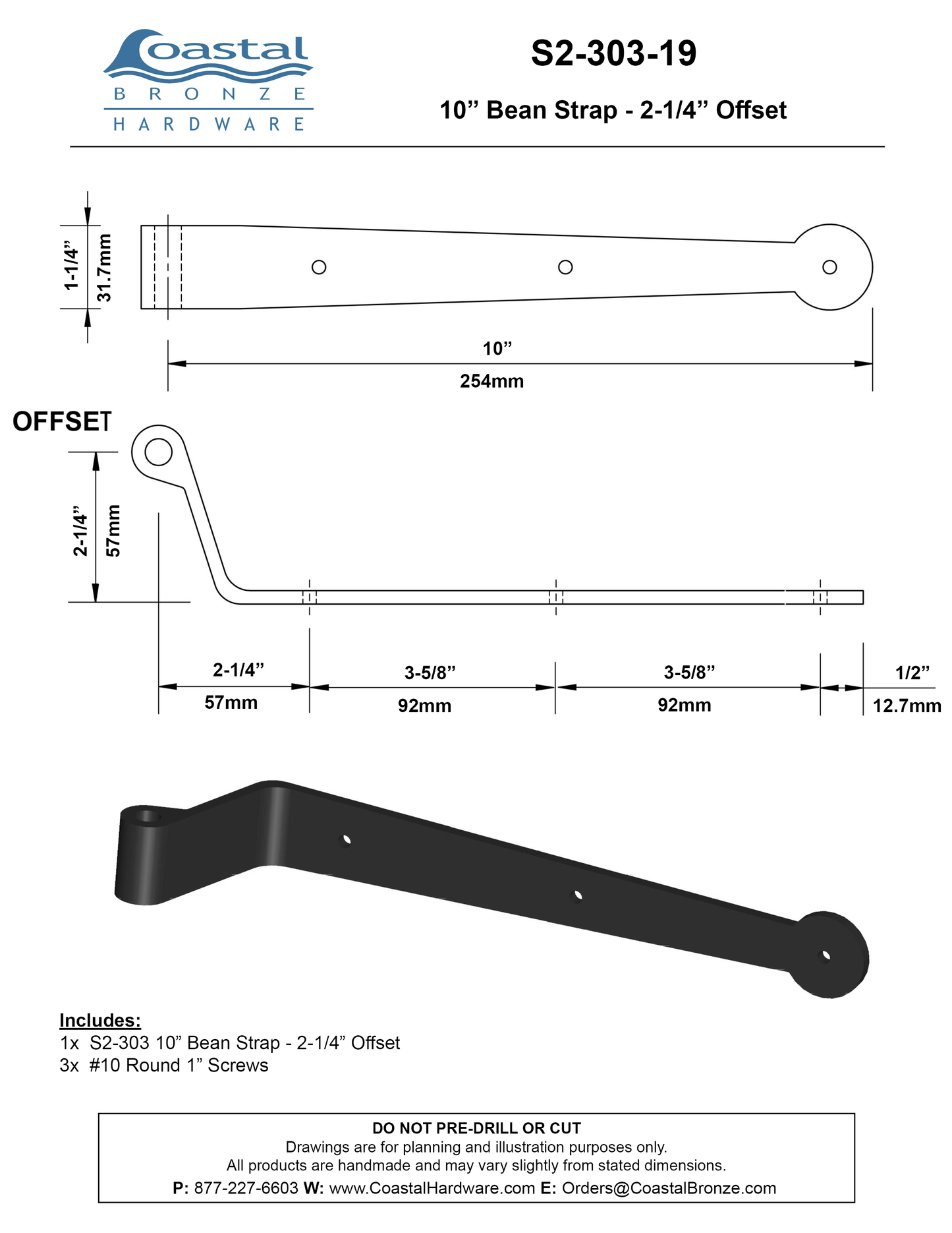 Brass 10" Bean Strap - 2-1/4" Offset