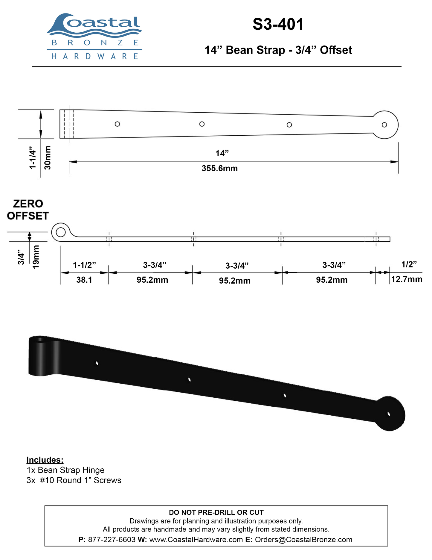 Brass 14" Bean Strap - 3/4" Offset