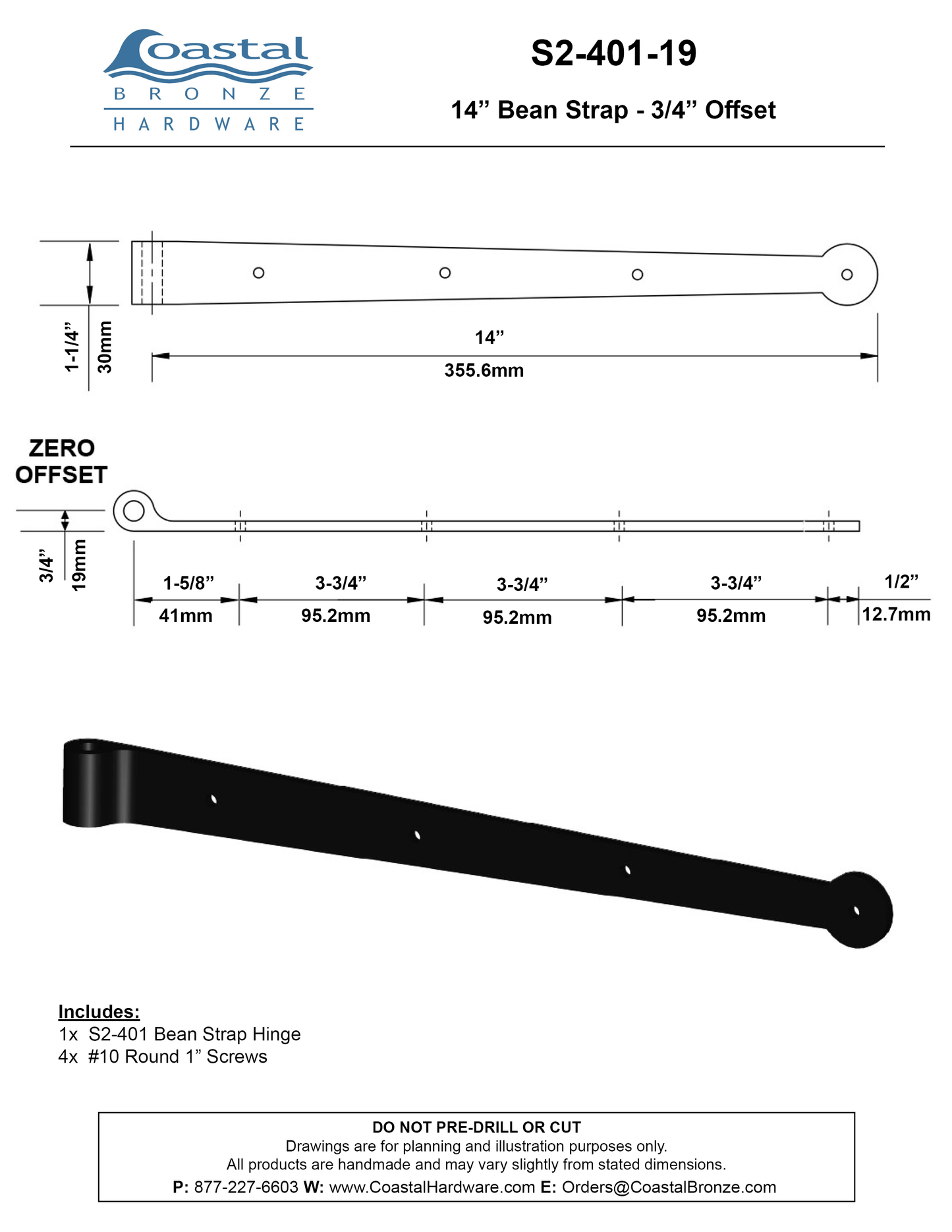 Brass 14" Bean Strap - 3/4" Offset