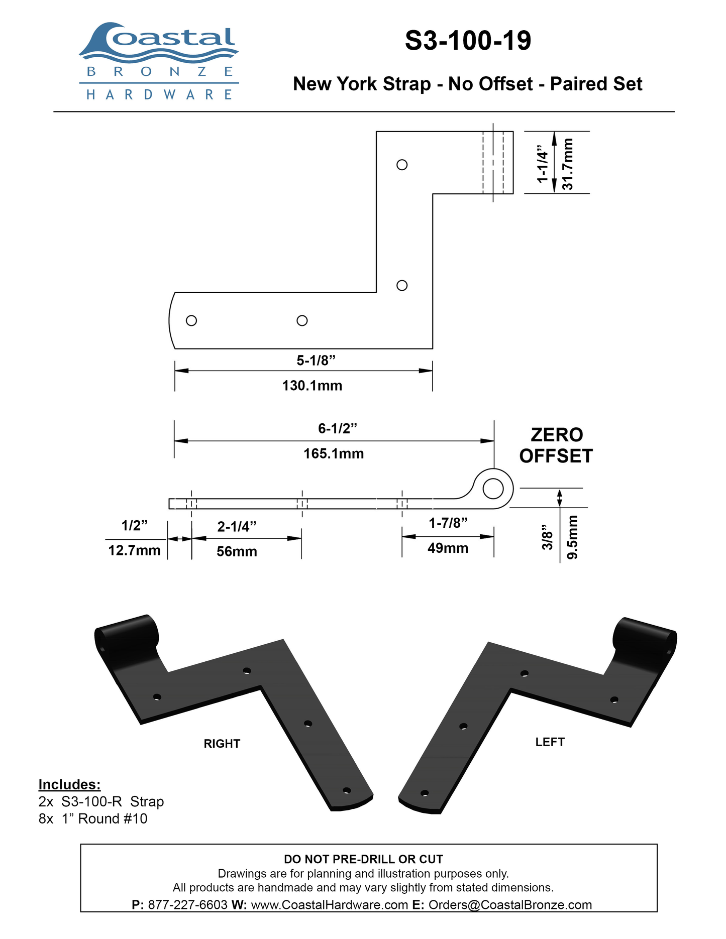 Brass New York Strap - 0" Offset - Paired Set