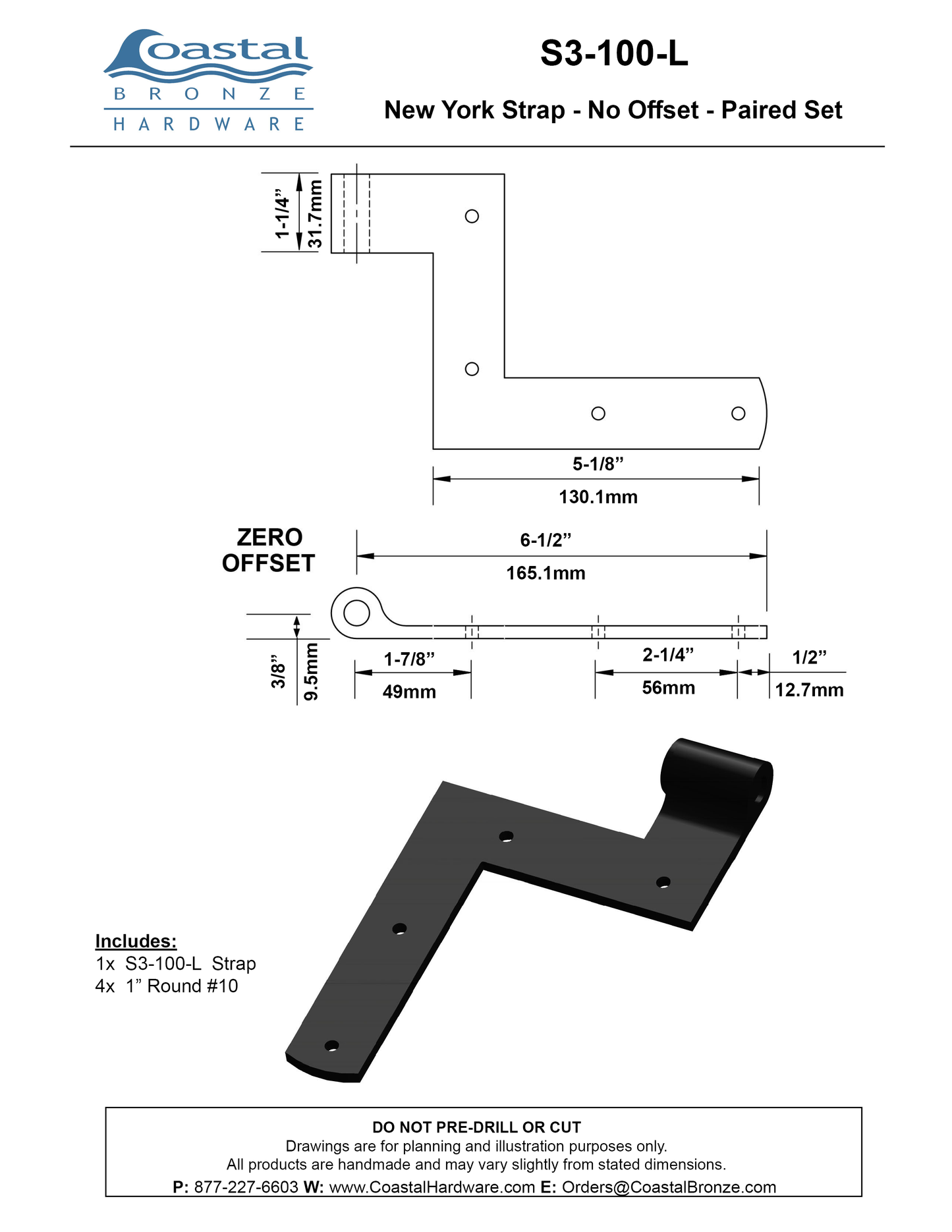 Brass New York Strap - 0" Offset - Paired Set