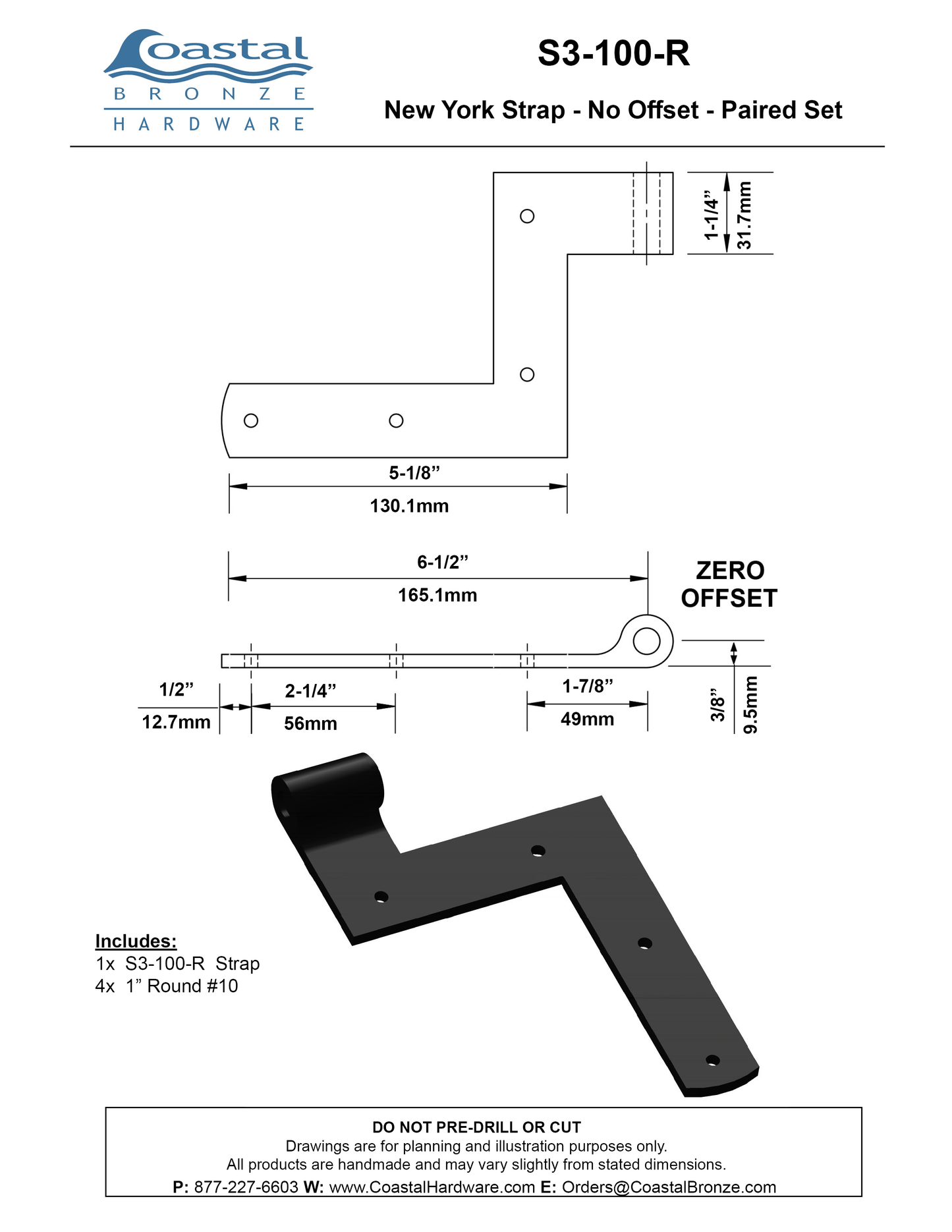Brass New York Strap - 0" Offset - Paired Set