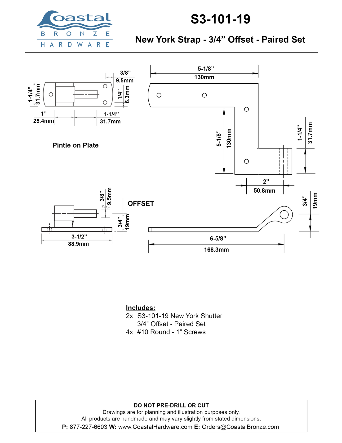 Brass New York Strap - 3/4" Offset - Paired Set
