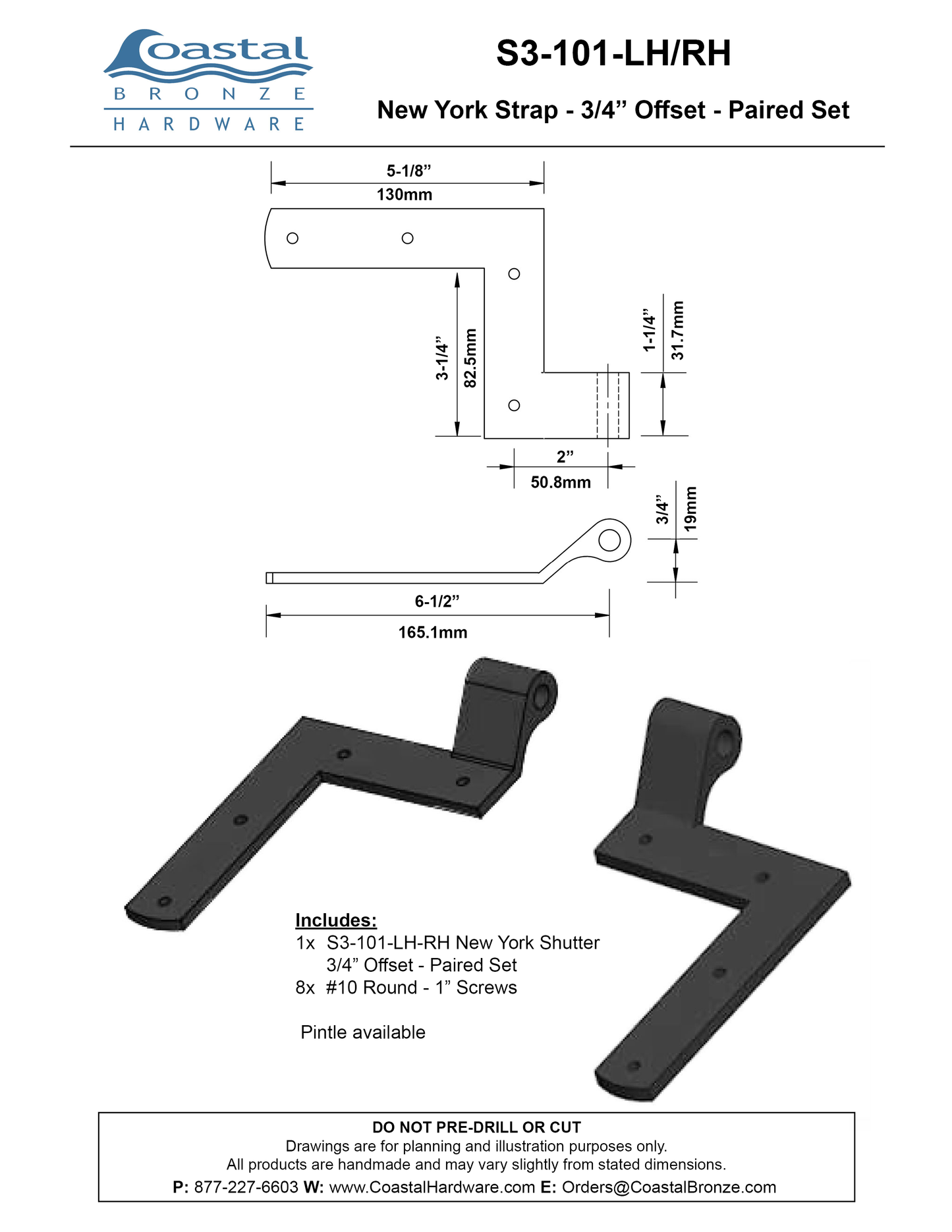 Brass New York Strap - 3/4" Offset - Paired Set