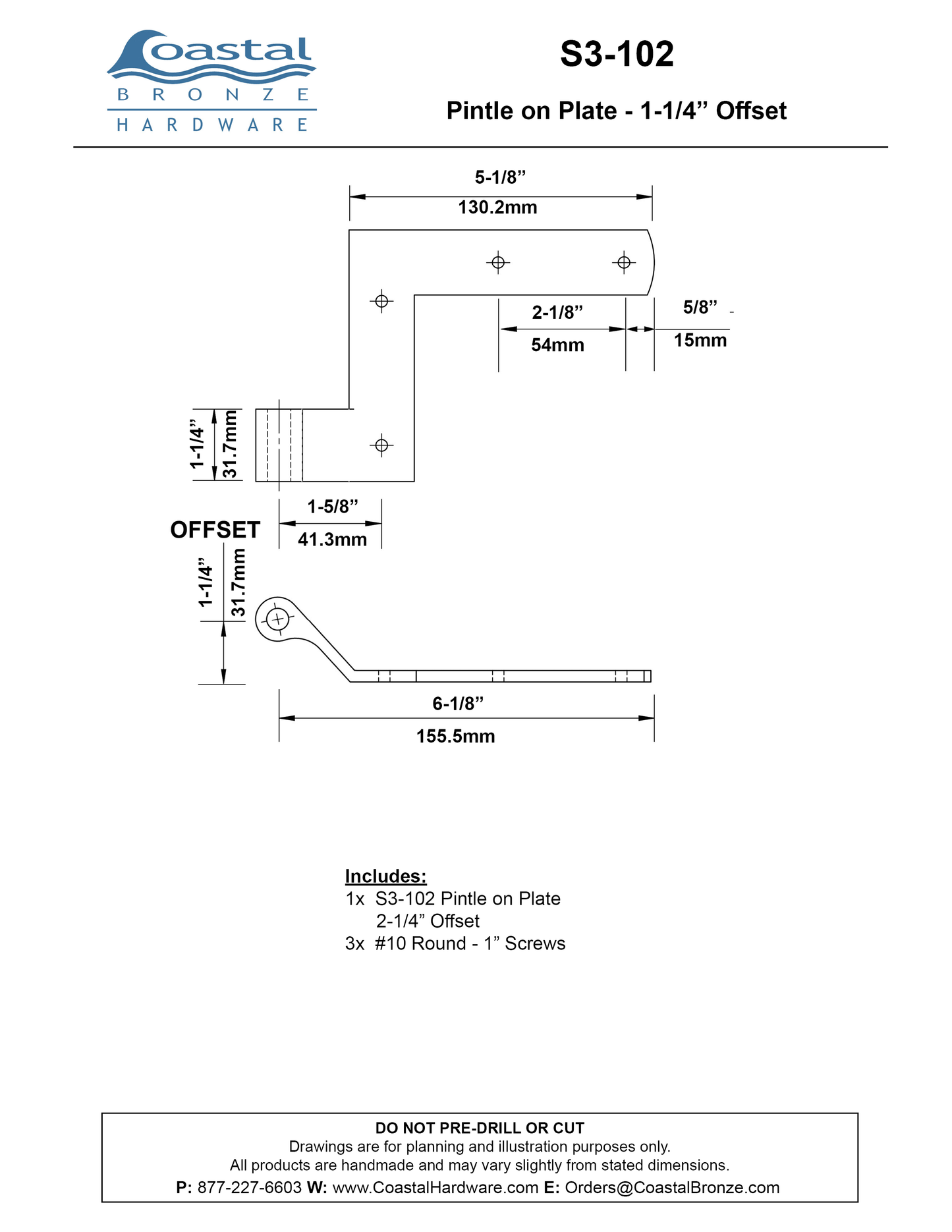 Brass New York Strap - 1-1/4" Offset - Paired Set
