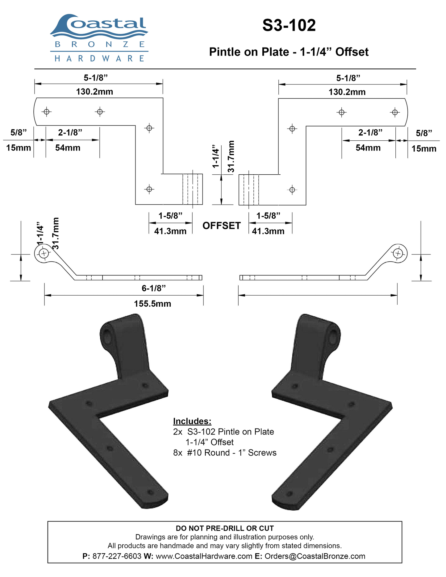 Brass New York Strap - 1-1/4" Offset - Paired Set