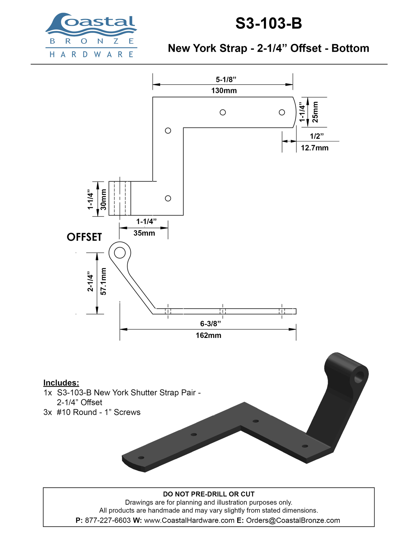 Brass New York Strap - 2-1/4" Offset - Paired Set