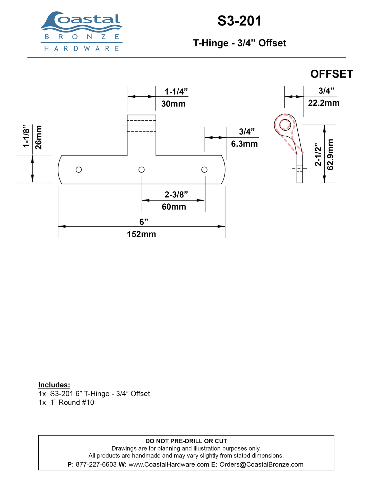 Brass 6" T-Hinge - 3/4" Offset