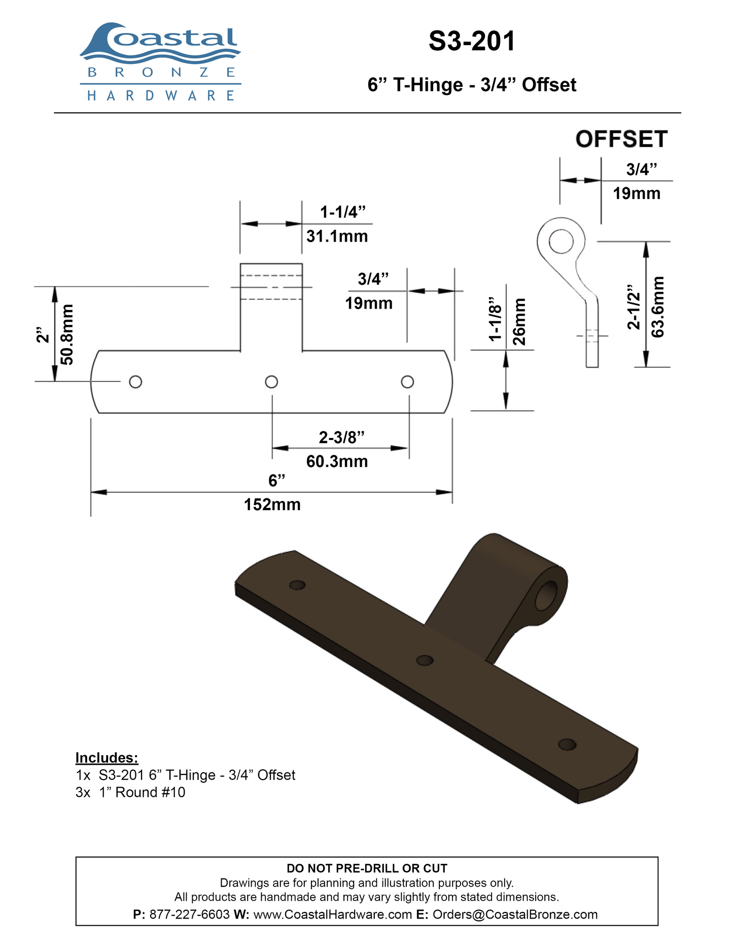 Brass 6" T-Hinge - 3/4" Offset