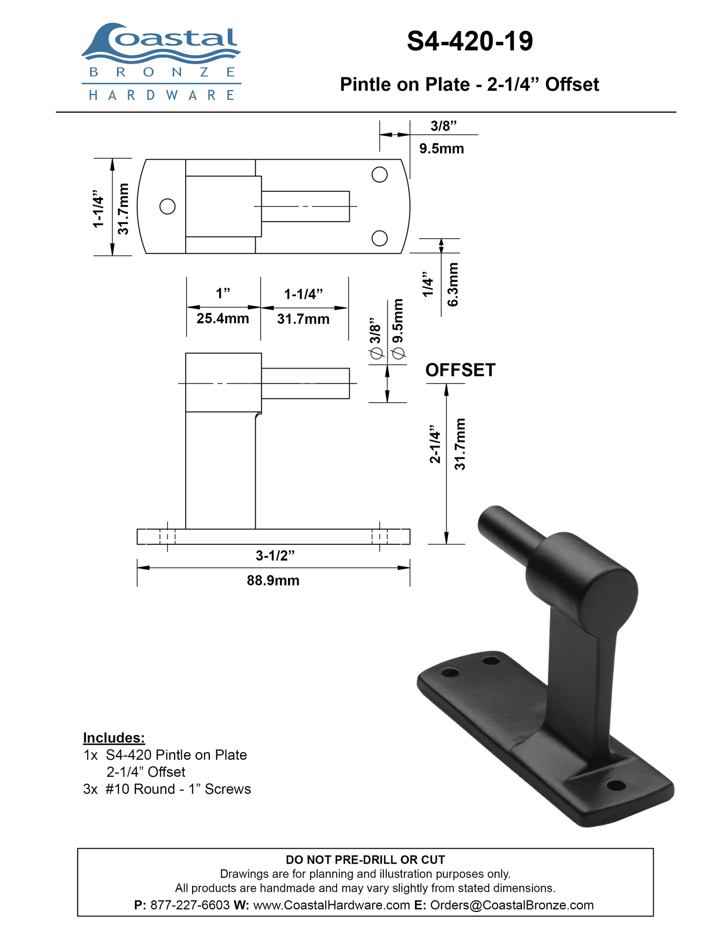 Brass Pintle on Plate - 2-1/4" Offset