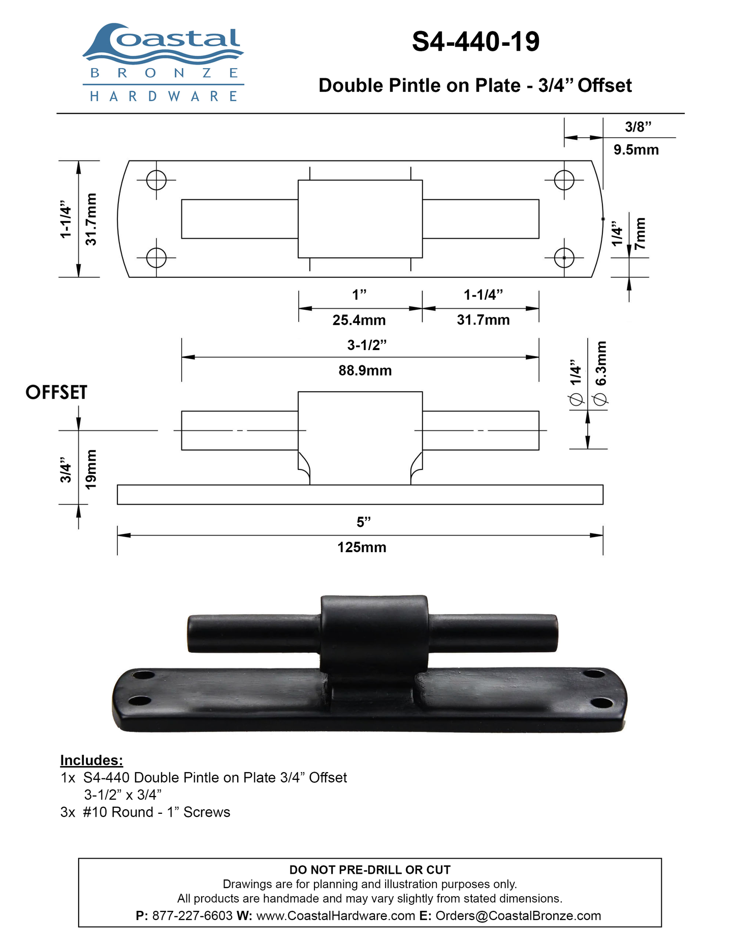 Brass Double Pintle on Plate - 3/4" Offset