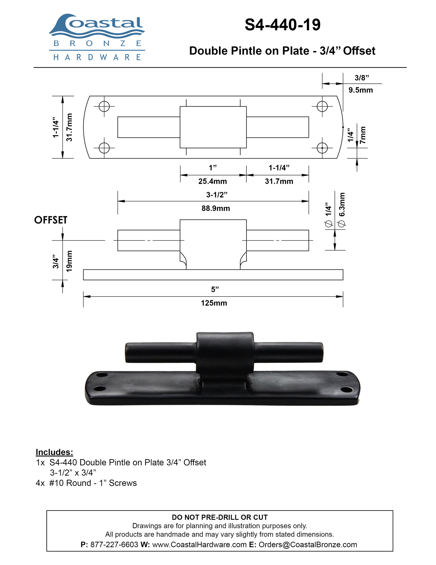 Brass Double Pintle on Plate - 3/4" Offset