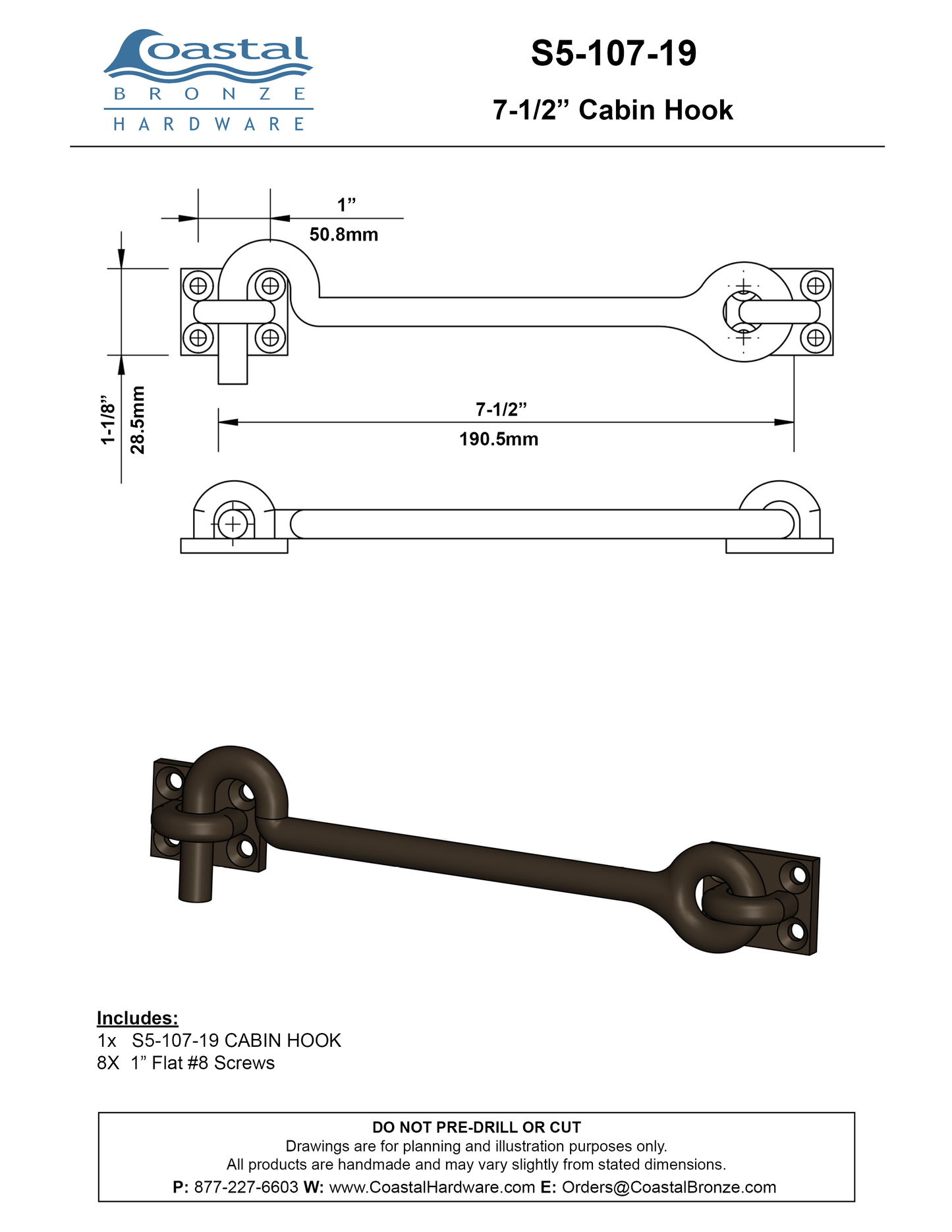 Brass 7-1/2" Cabin Hook