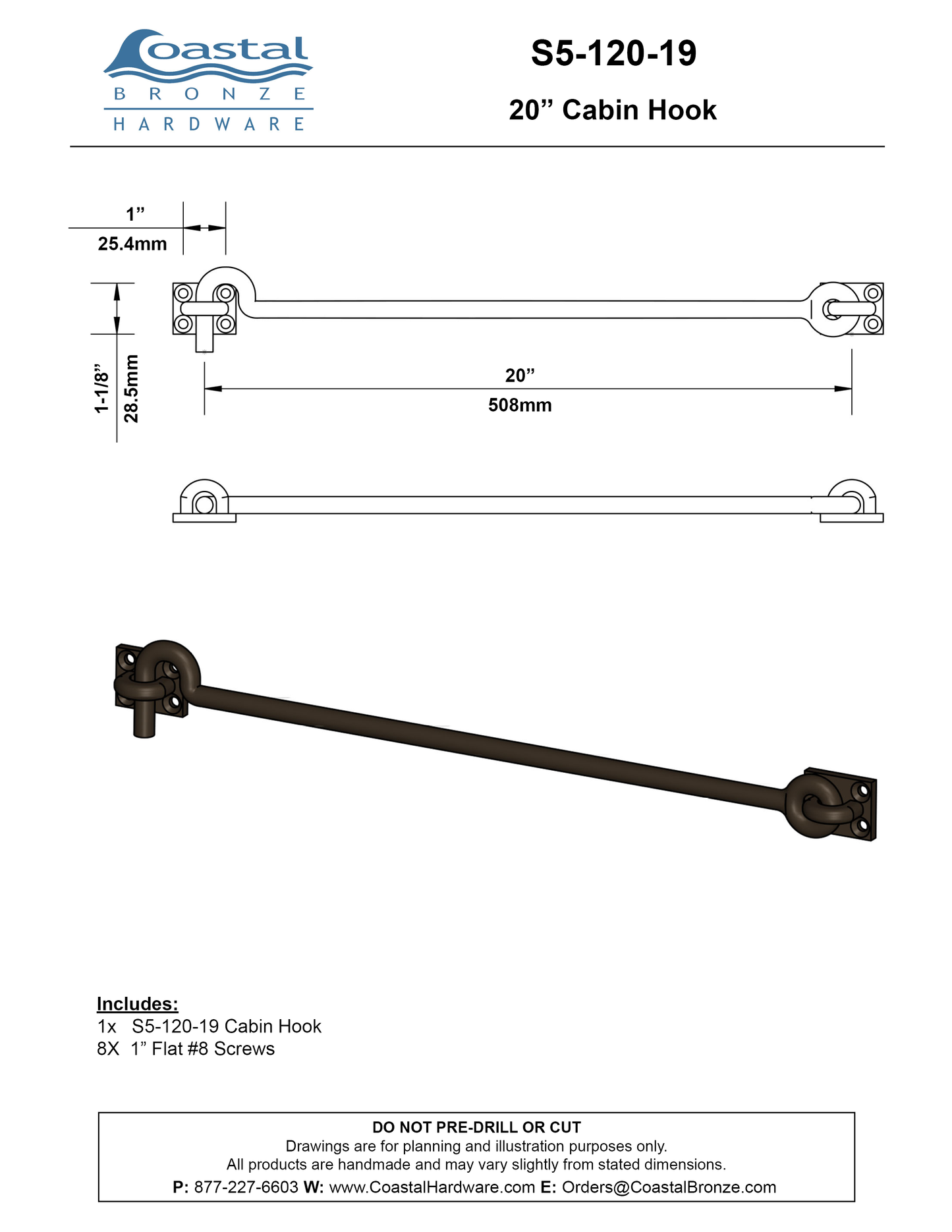 Brass 20" Cabin Hook