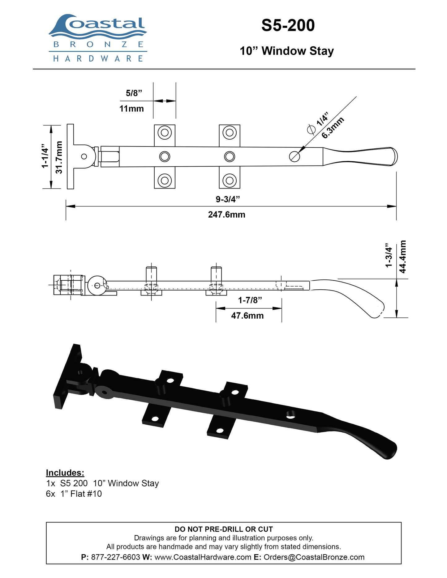 Brass 10" Window Stay