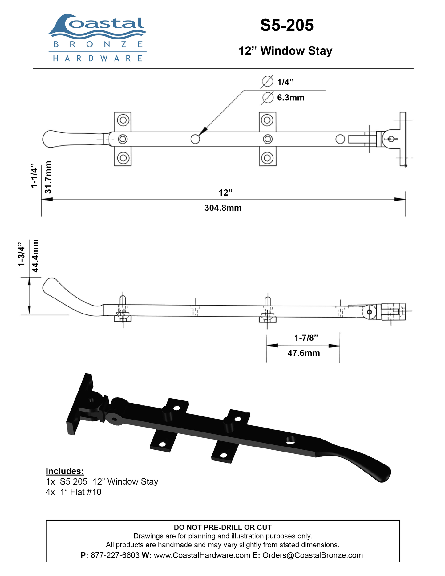 Brass 12" Window Stay