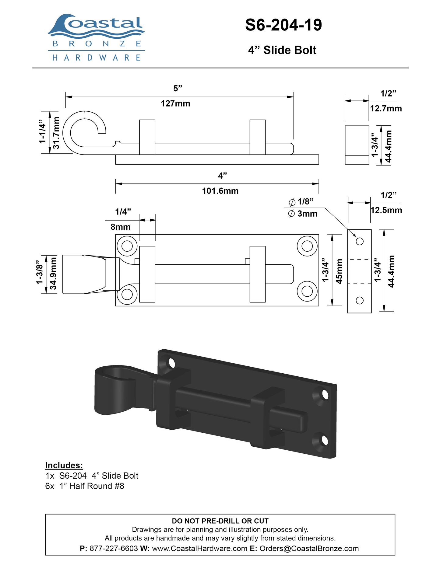 Brass 4" Slide Bolt