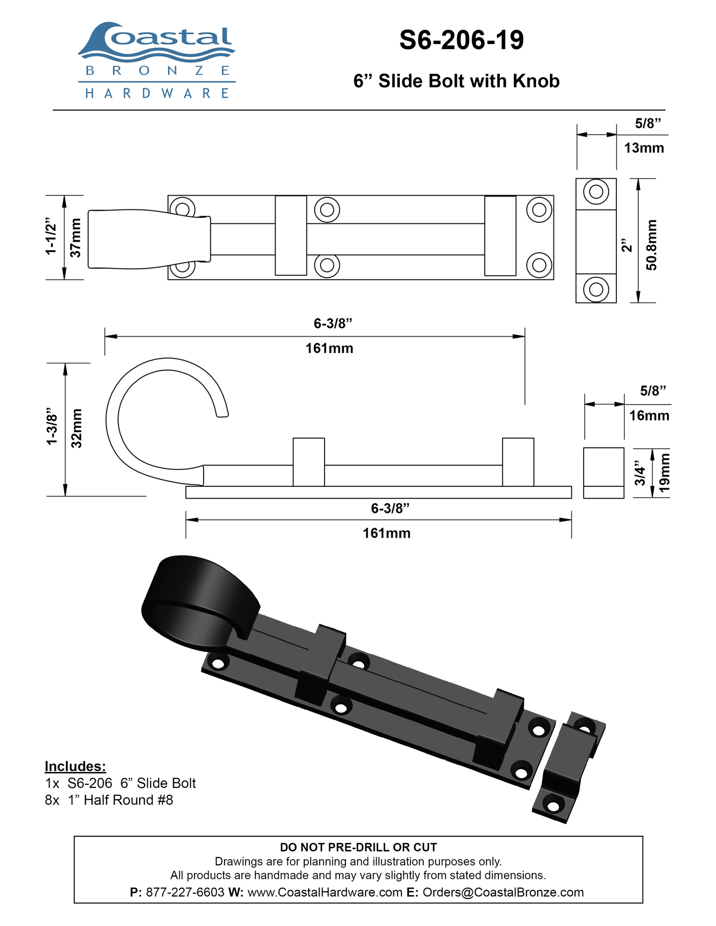 Brass 6" Slide Bolt